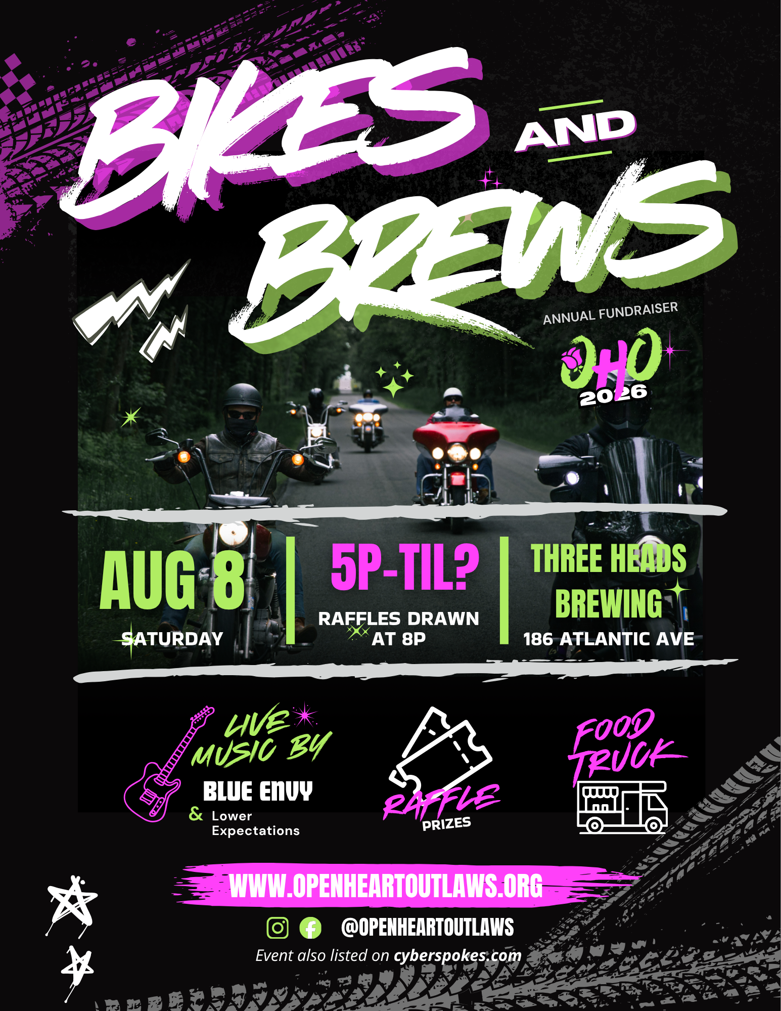 2026 Bikes and Brews flyer. Saturday August 8th. Starting at 5pm, raffle prizes drawn at 8pm. Three heads brewing 186 Atlantic Ave. Live music by Blue Envy and Lower Expectations. Food truck.
