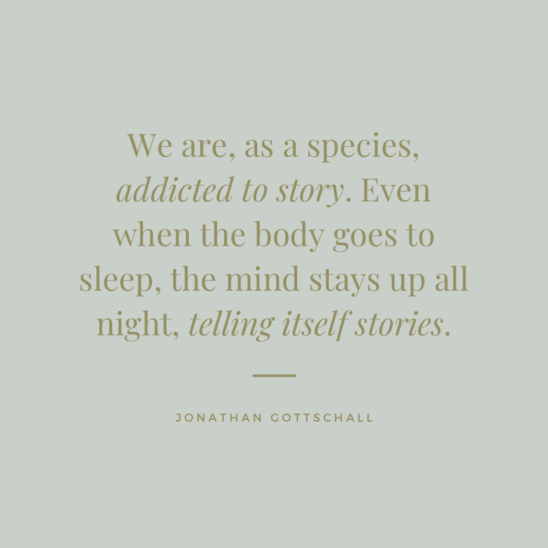 Inspirational quote by Jonathan Gottschall about the storytelling nature of the human mind on a soft gradient background.