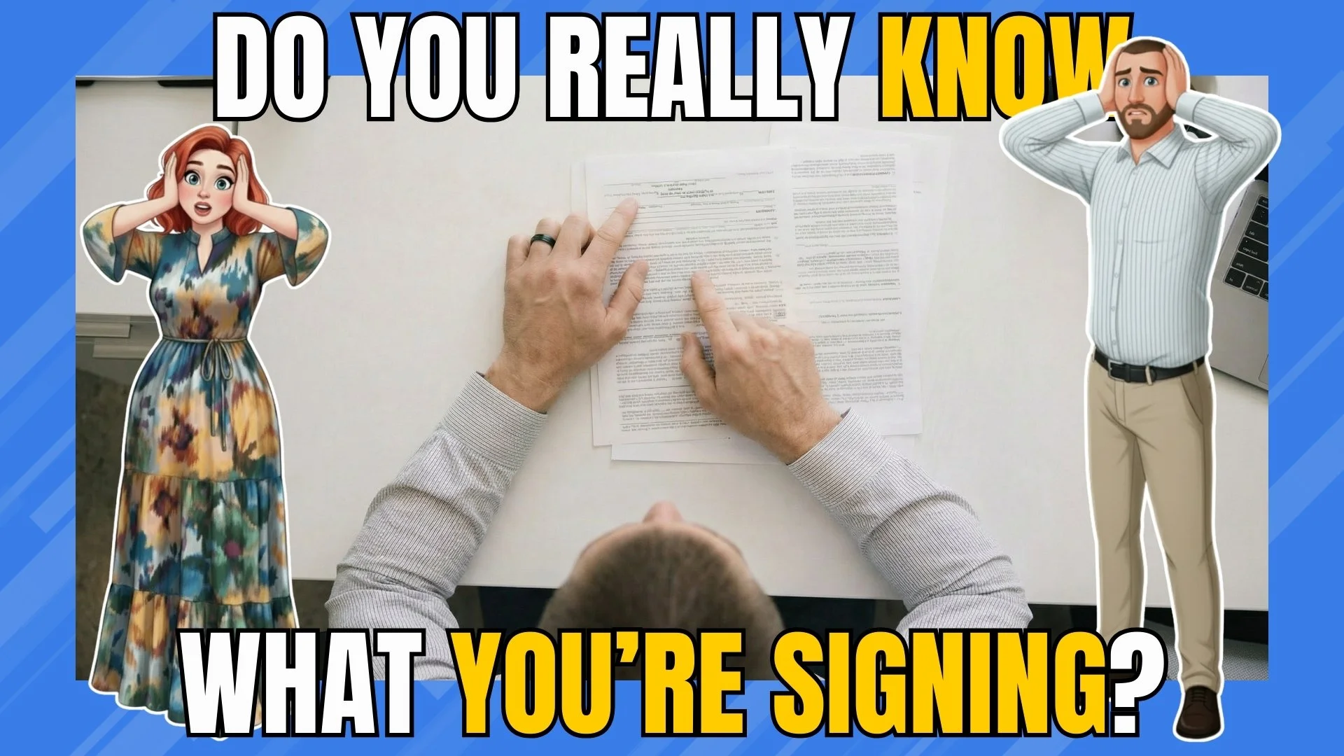 A person reviewing a document at a desk with cartoon characters of a woman with red hair and a colorful dress, and a man with a beard and striped shirt, looking worried.