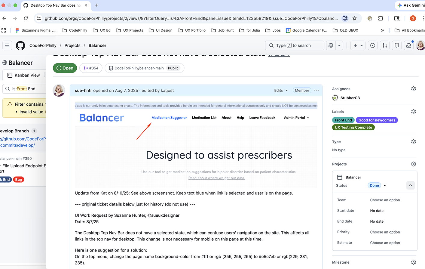 screenshot of KanBan Issue for navigation bar state problems