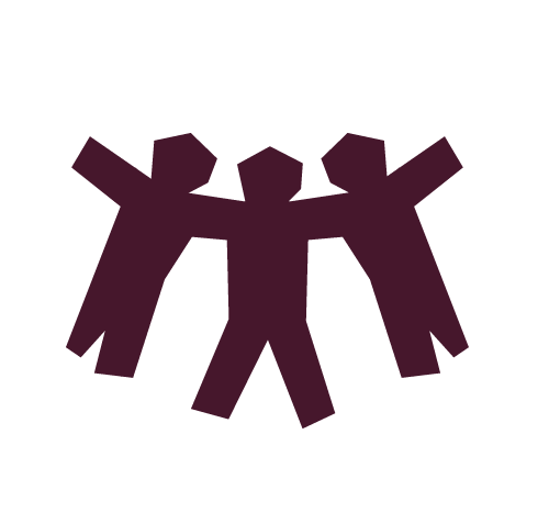 Digital illustration of three abstract human figures holding hands in a circle.