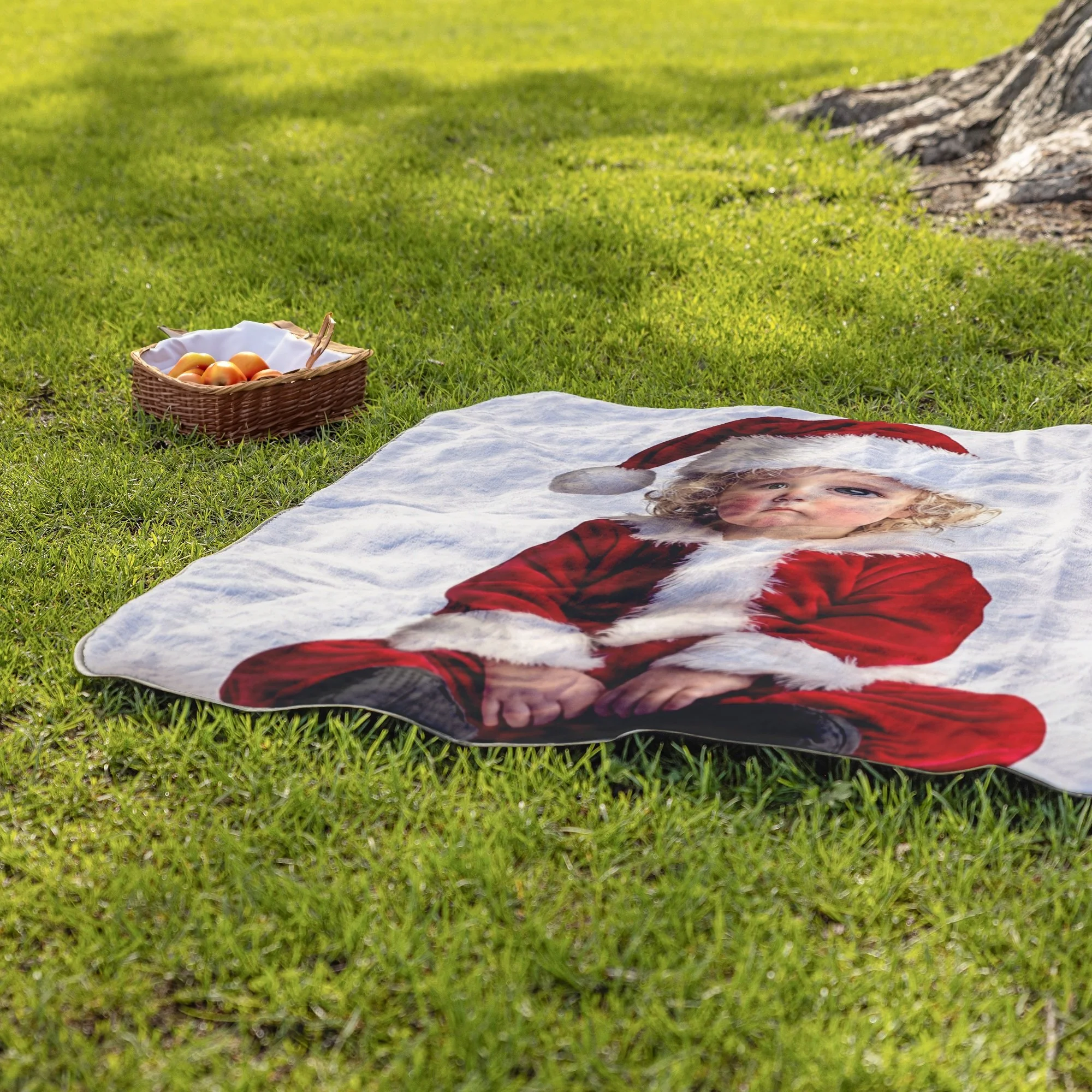 A picnic blanket with a child's face printed on it and a basket of peaches on a grassy area under a tree.