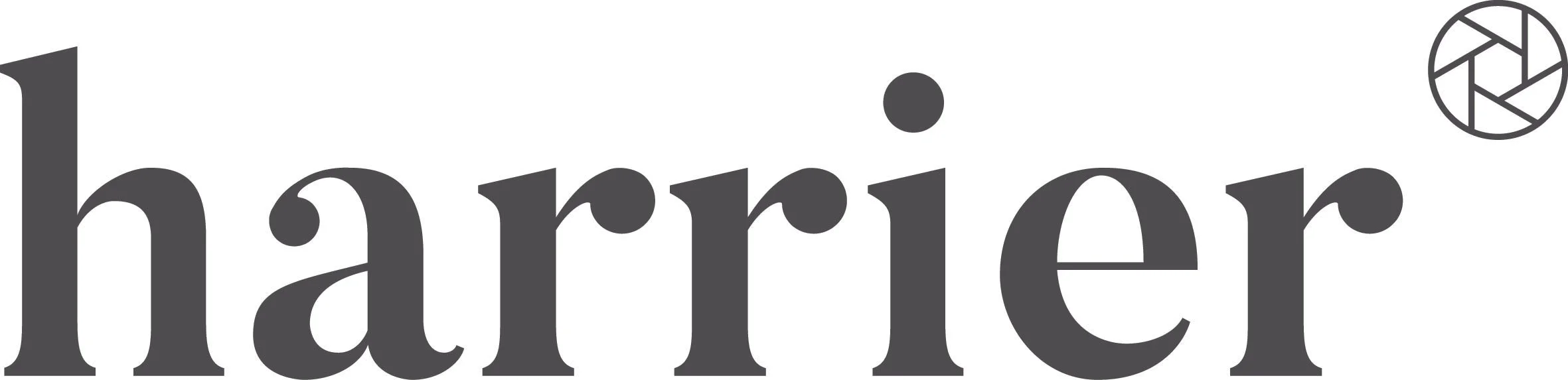 The word 'harrier' in stylized black font with a camera aperture icon in the top right corner.