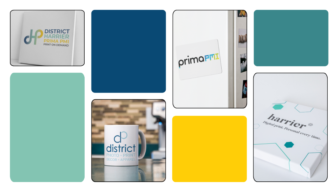 A collage of printed marketing materials including brochures, a mug, and labels, with various logos and designs for print and digital branding services.