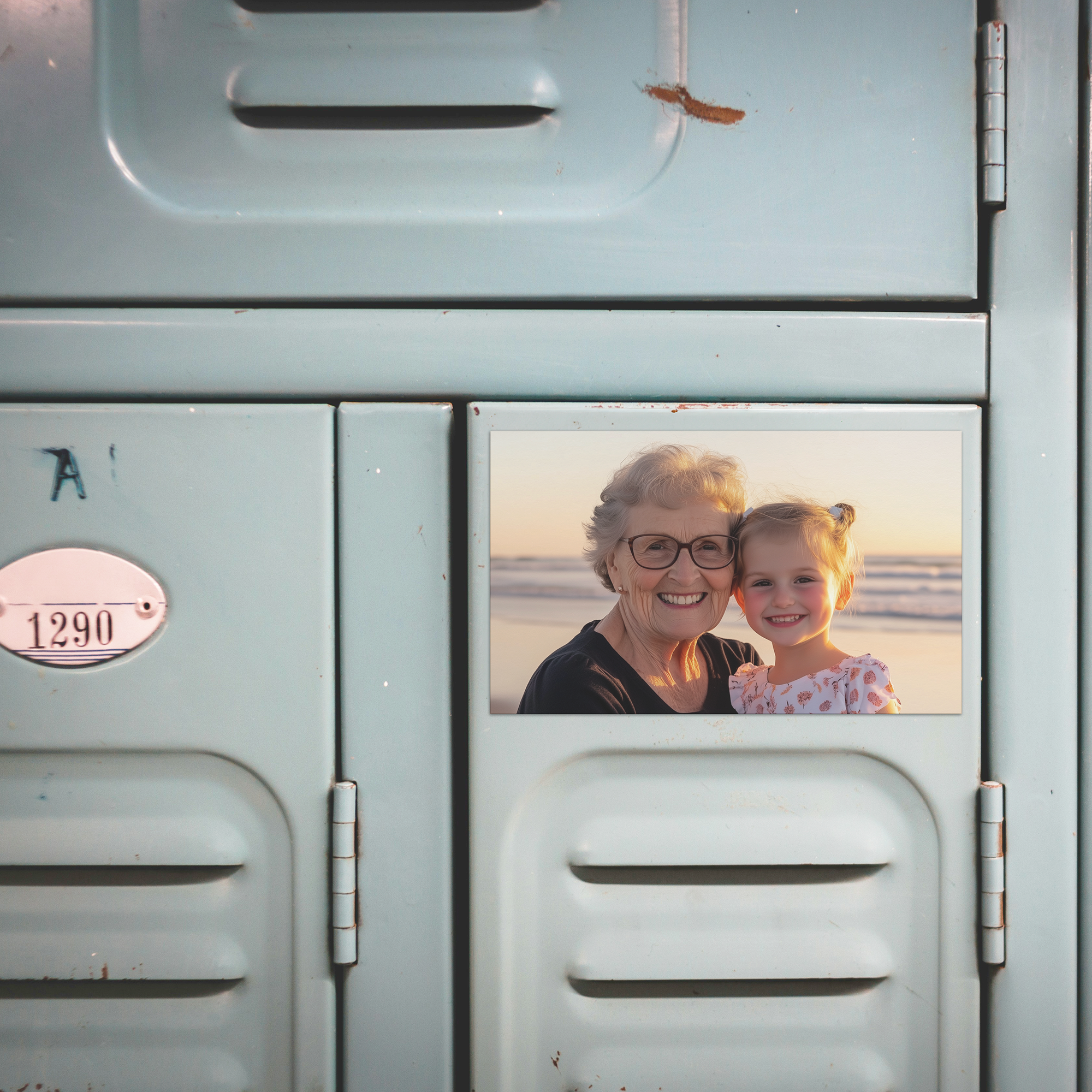 A personalized magnet on a blue locker.