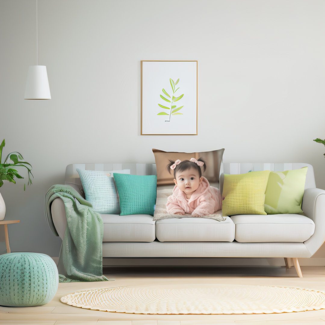 A young girl with pigtails and pink bows lying on a white sofa surrounded by colorful cushions in a modern living room