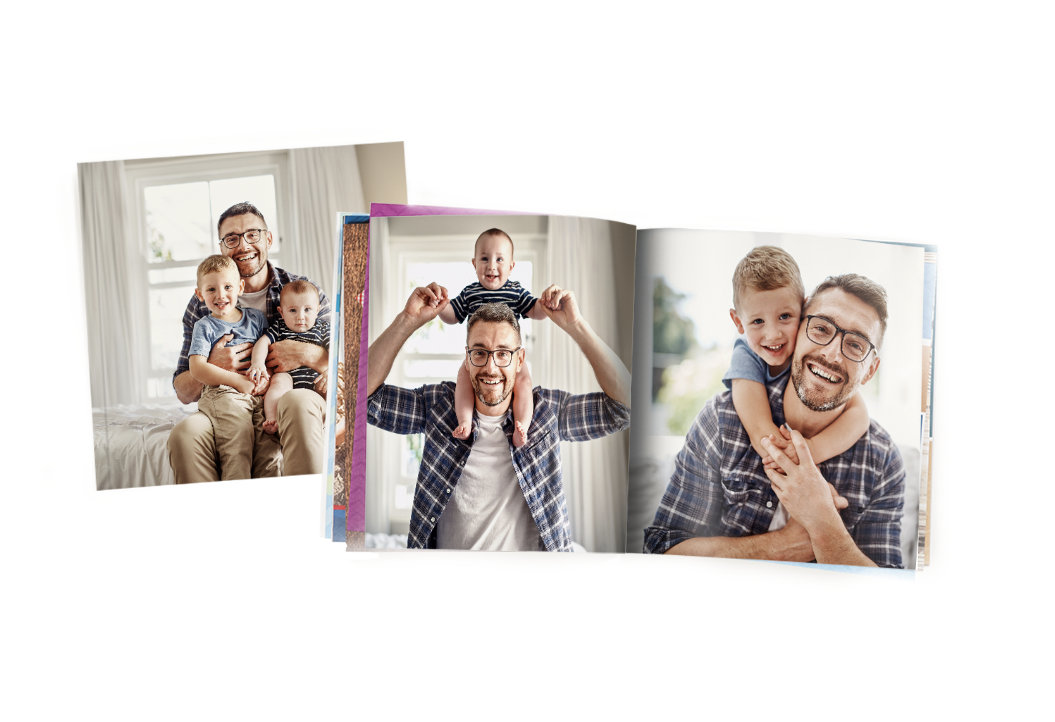 Photo album pages displaying a man with two children, one of whom is on his shoulders, all smiling indoors.