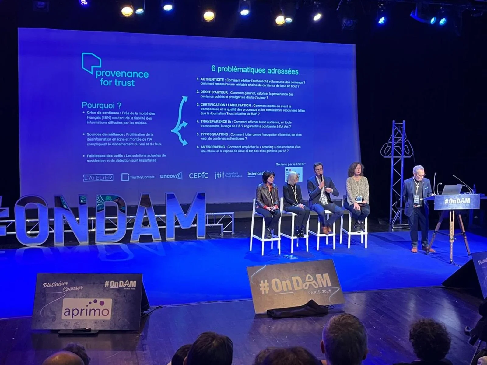 Mathieu Kervenec speaking at OnDAM Paris 2025 on the Provenancefortrust panel, presenting 6 key challenges for AI transparency, content authenticity, and C2PA standards alongside AFP and CEPIC experts.