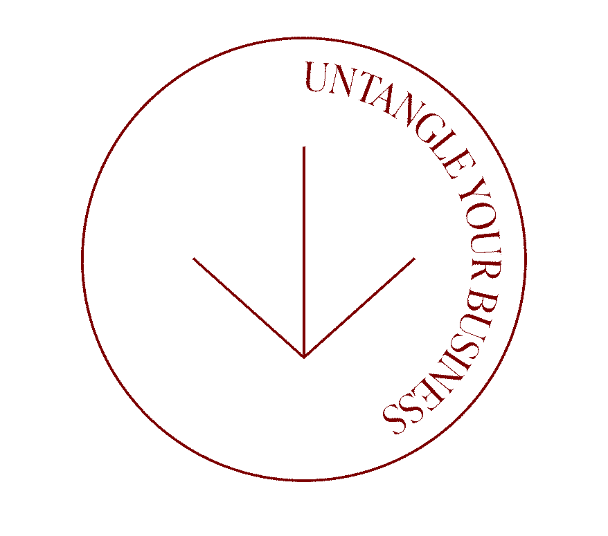 Thin line circle with arrow pointing down inside and text circling around the arrow that says "untangle your business"