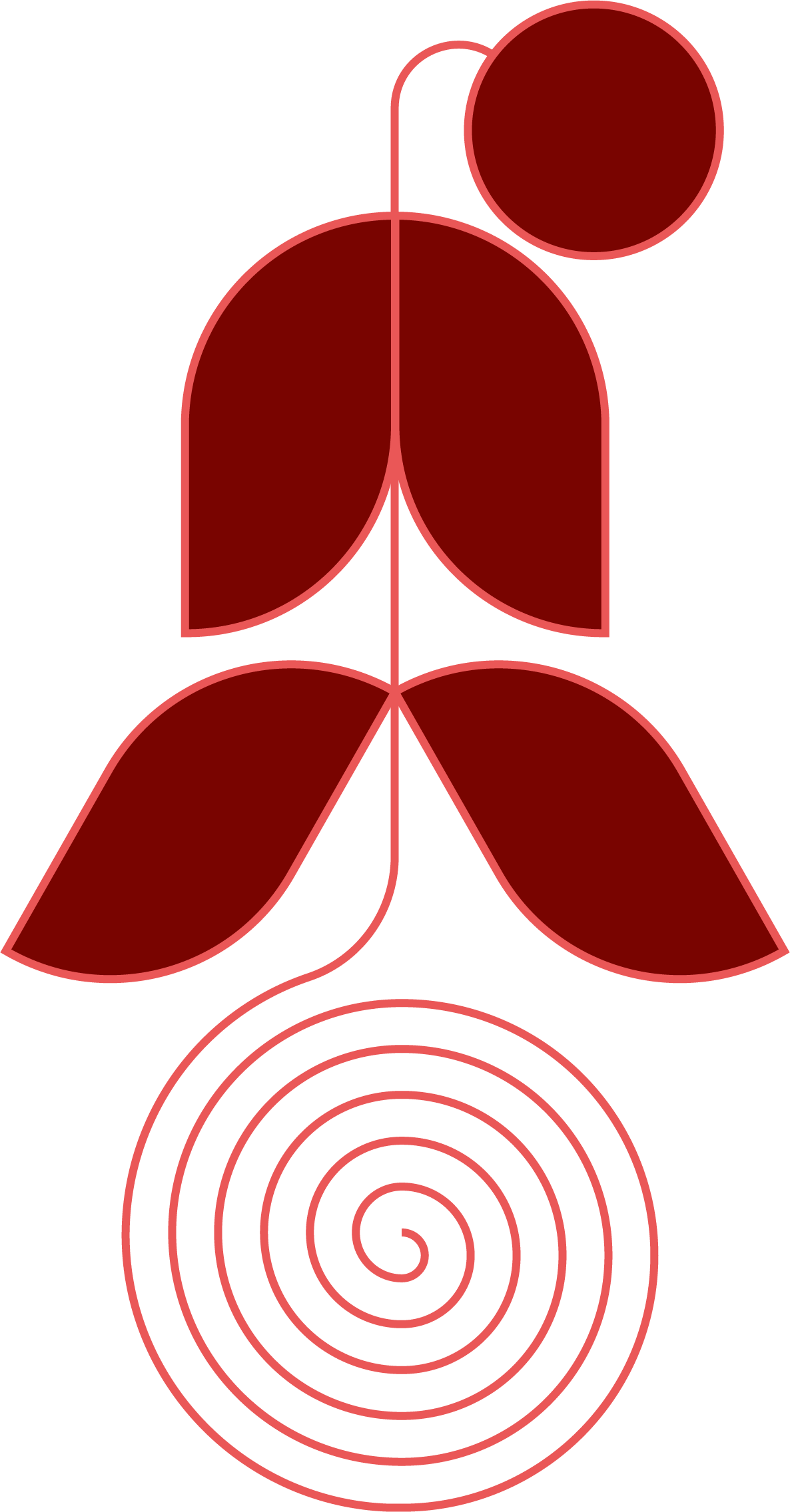 Red and guava pink illustration of a rounded edge, geometric flower that has a spiral, compacted root. Stagnant growth