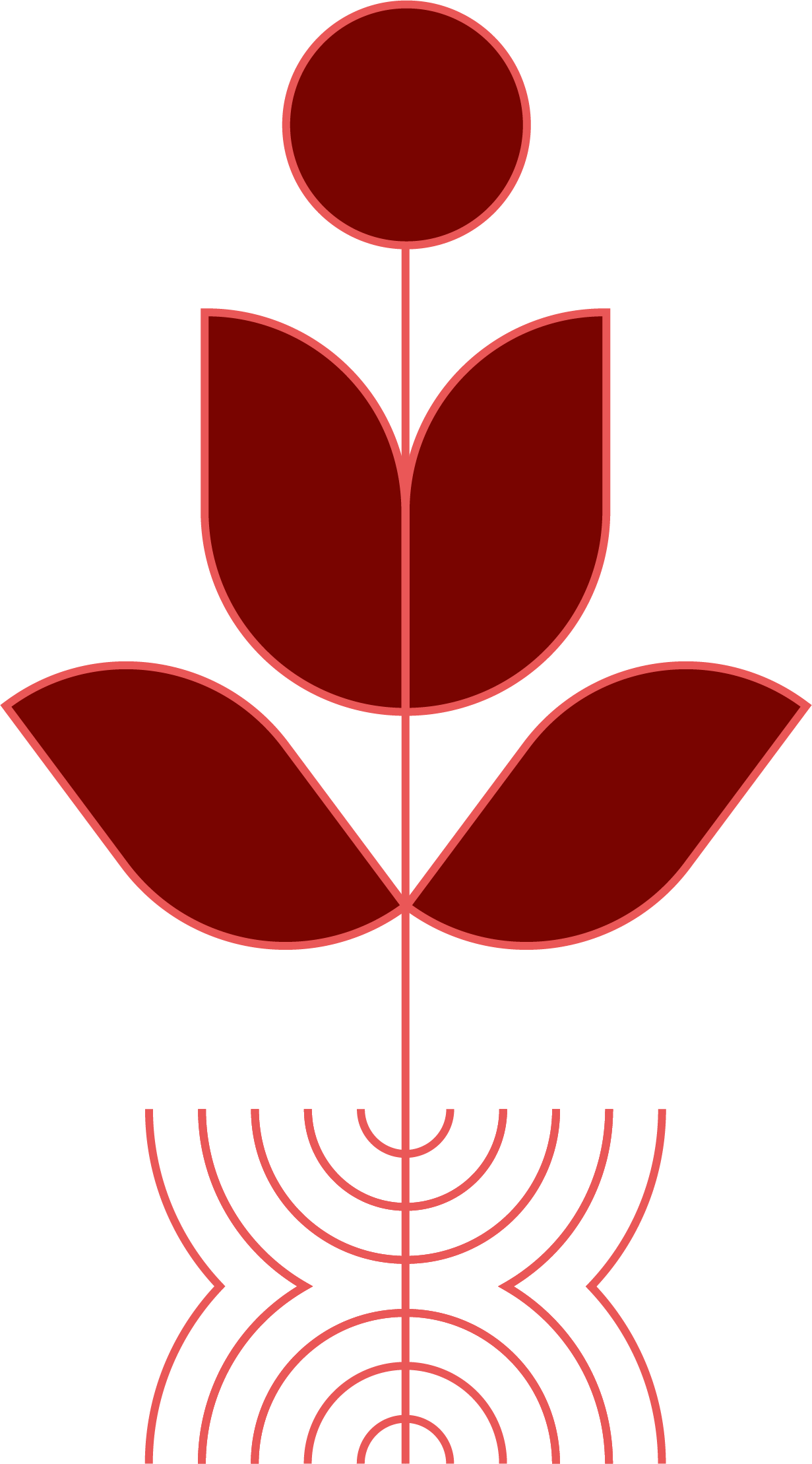 Red and guava pink illustration of a rounded edge, geometric flower that has a flourishing root, growing up and down