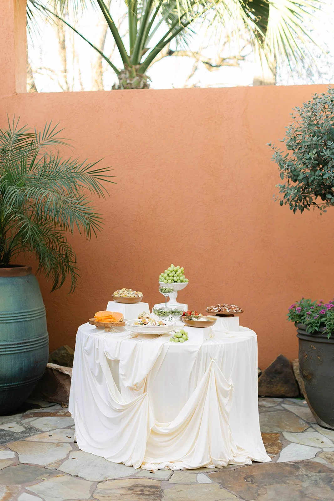 Appetizer display on a white table at Agave Estates in Houston TX