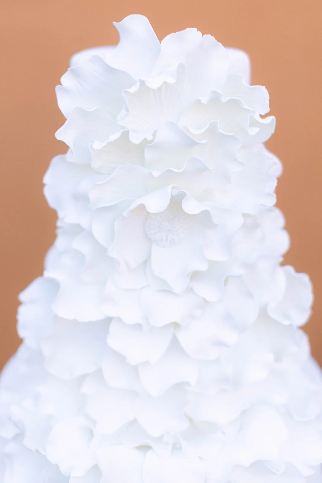 A wedding cake decorated with large white sculptural flower petals.