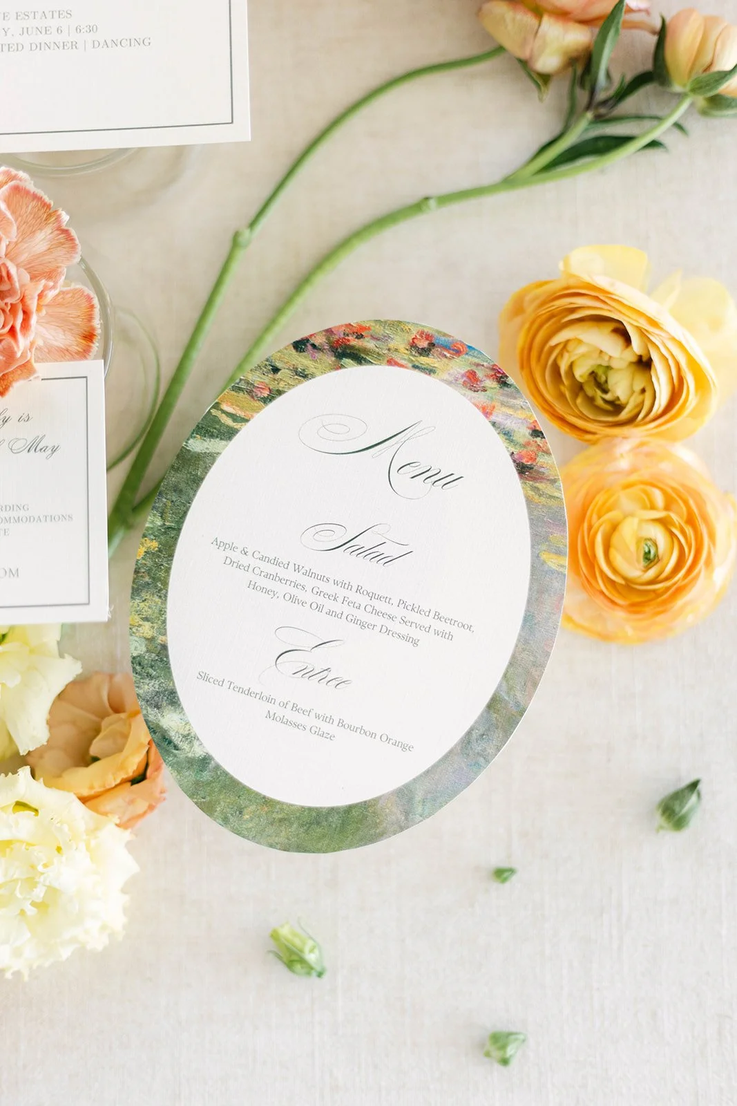  A printed dinner menu with flowers laying on a white table at Agave Estates in Houston TX
