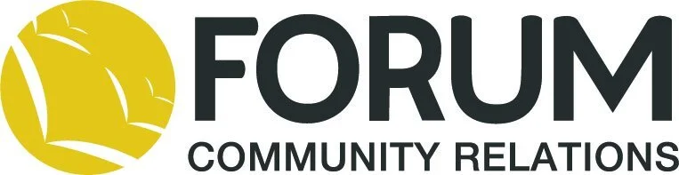 Logo for Forum Community Relations featuring a yellow circle with white abstract line art and black text.