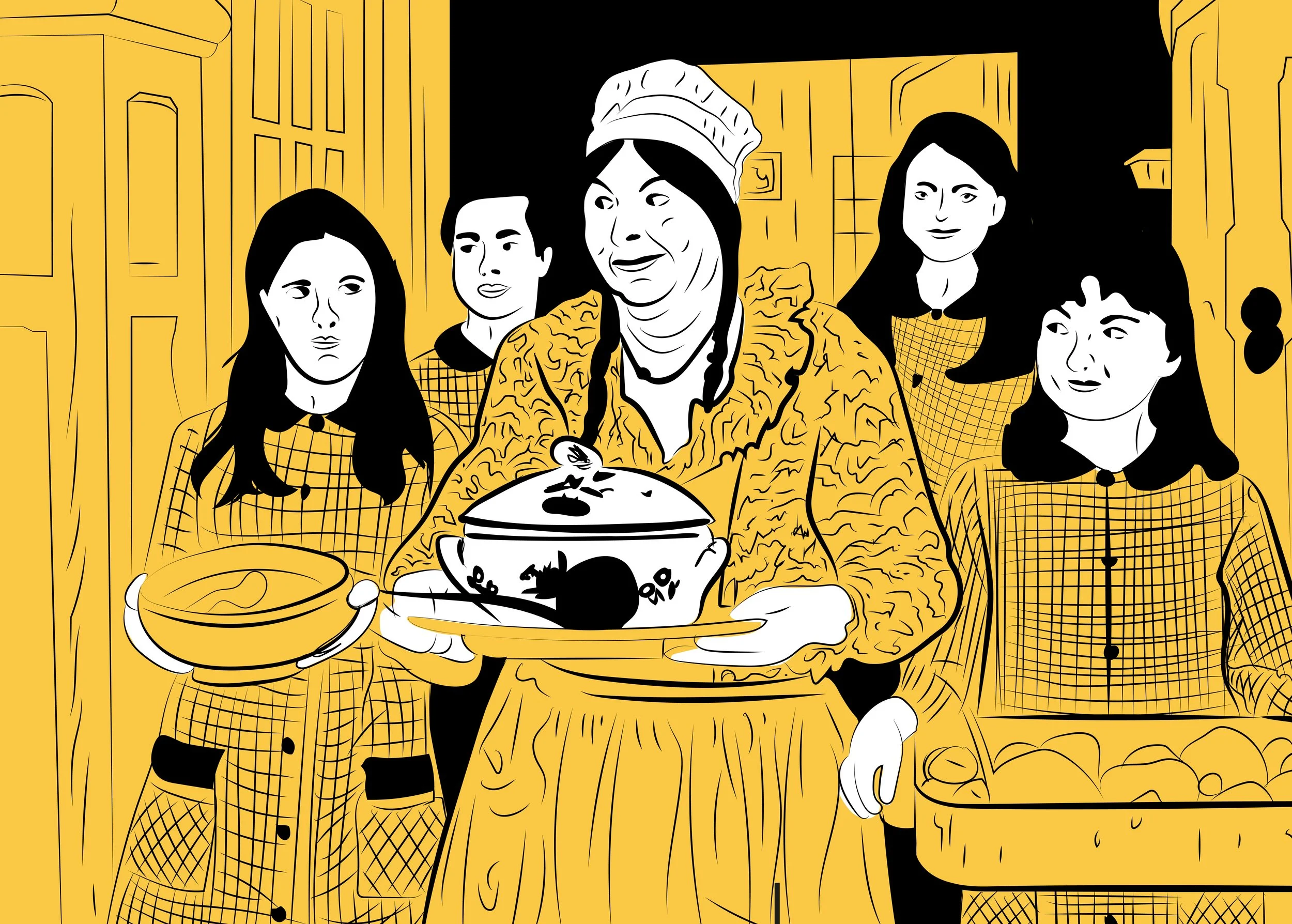 Illustration d’une femme en tenue de cantinière servant un plat dans une ambiance chaleureuse, entourée d’enfants en habits d’époque dans un décor intérieur rétro.