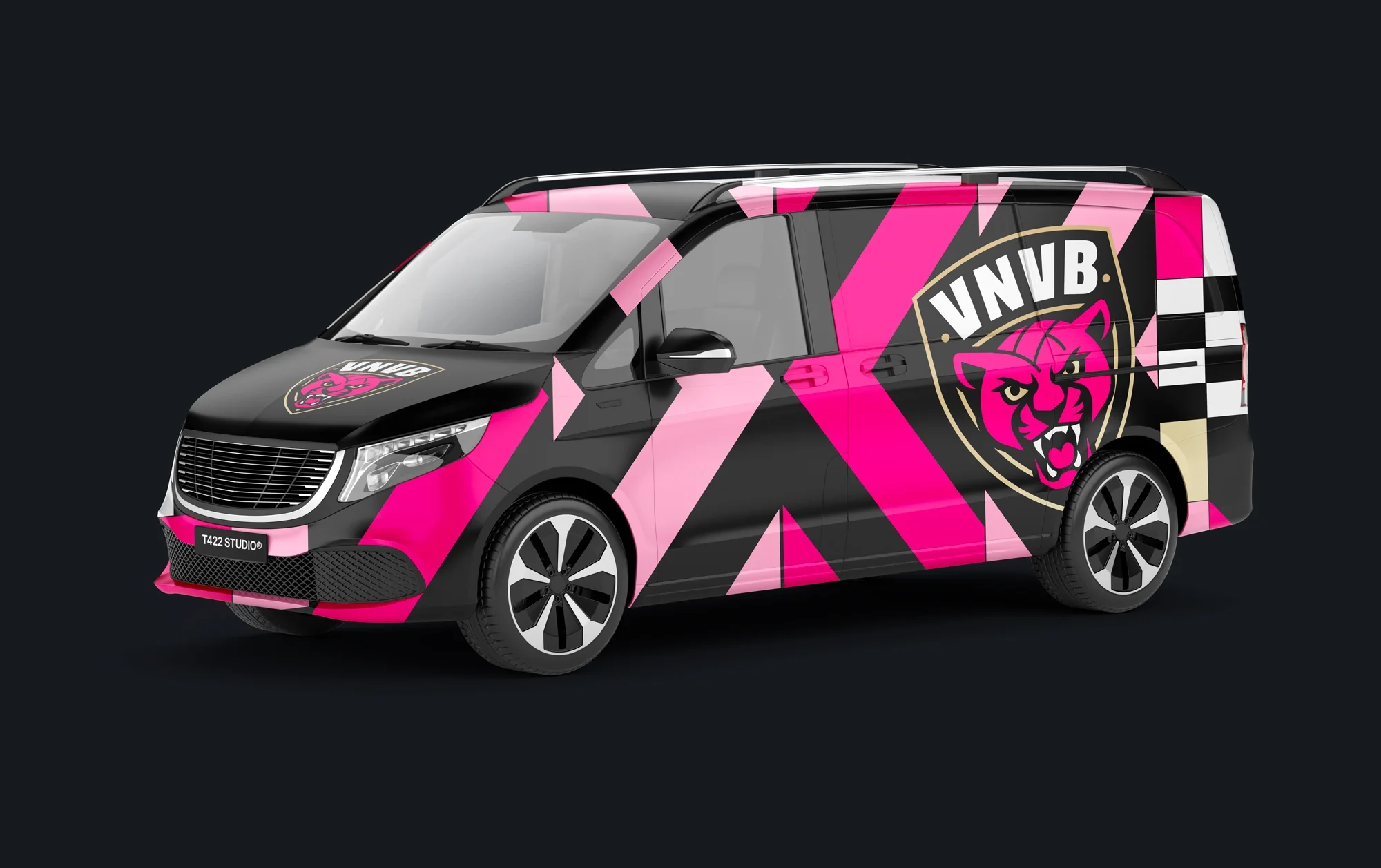 Van du club de volley féminin VNVB avec covering rose et noir issu de l’identité visuelle