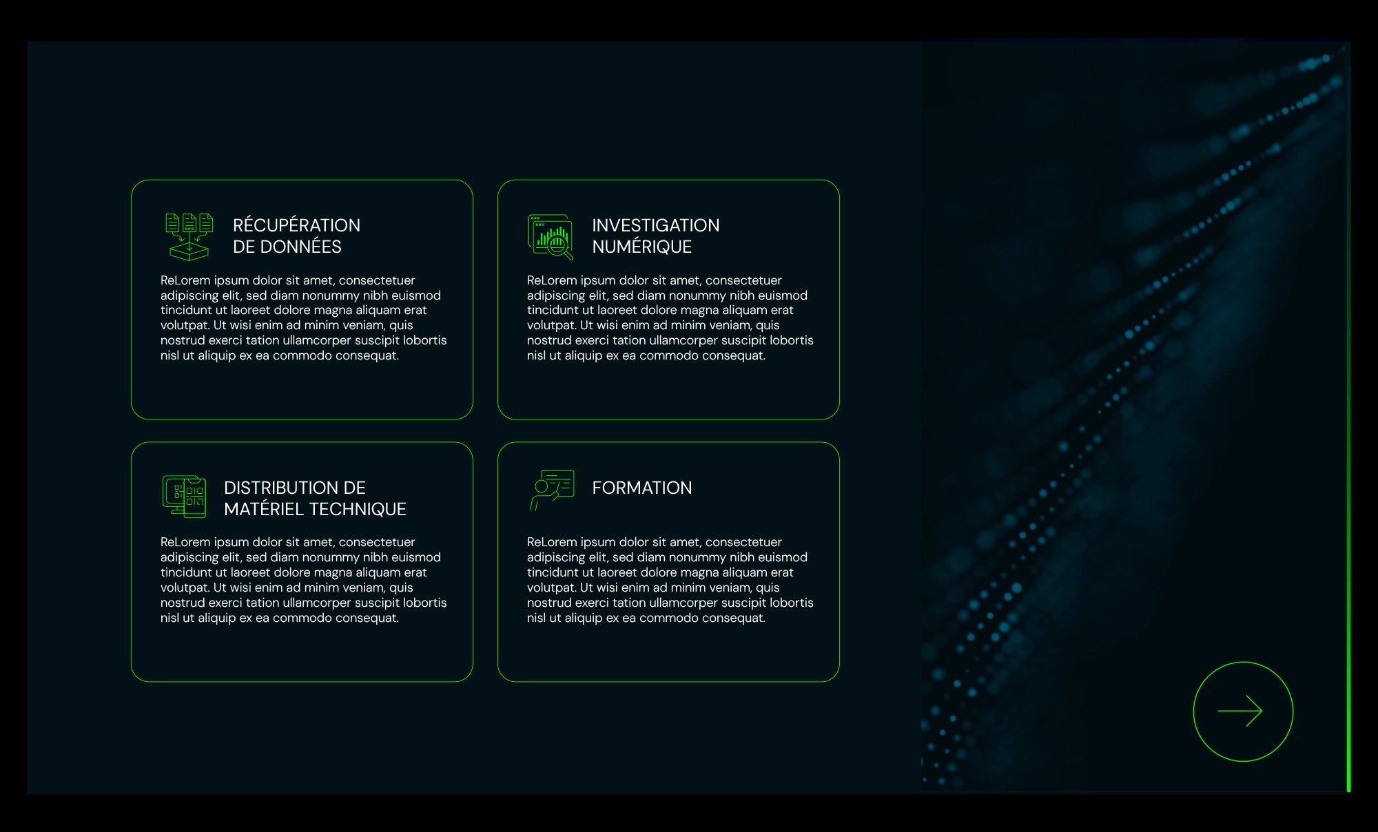 Interface présentant les quatre services LexaTec : récupération de données, investigation numérique, distribution de matériel technique et formation.