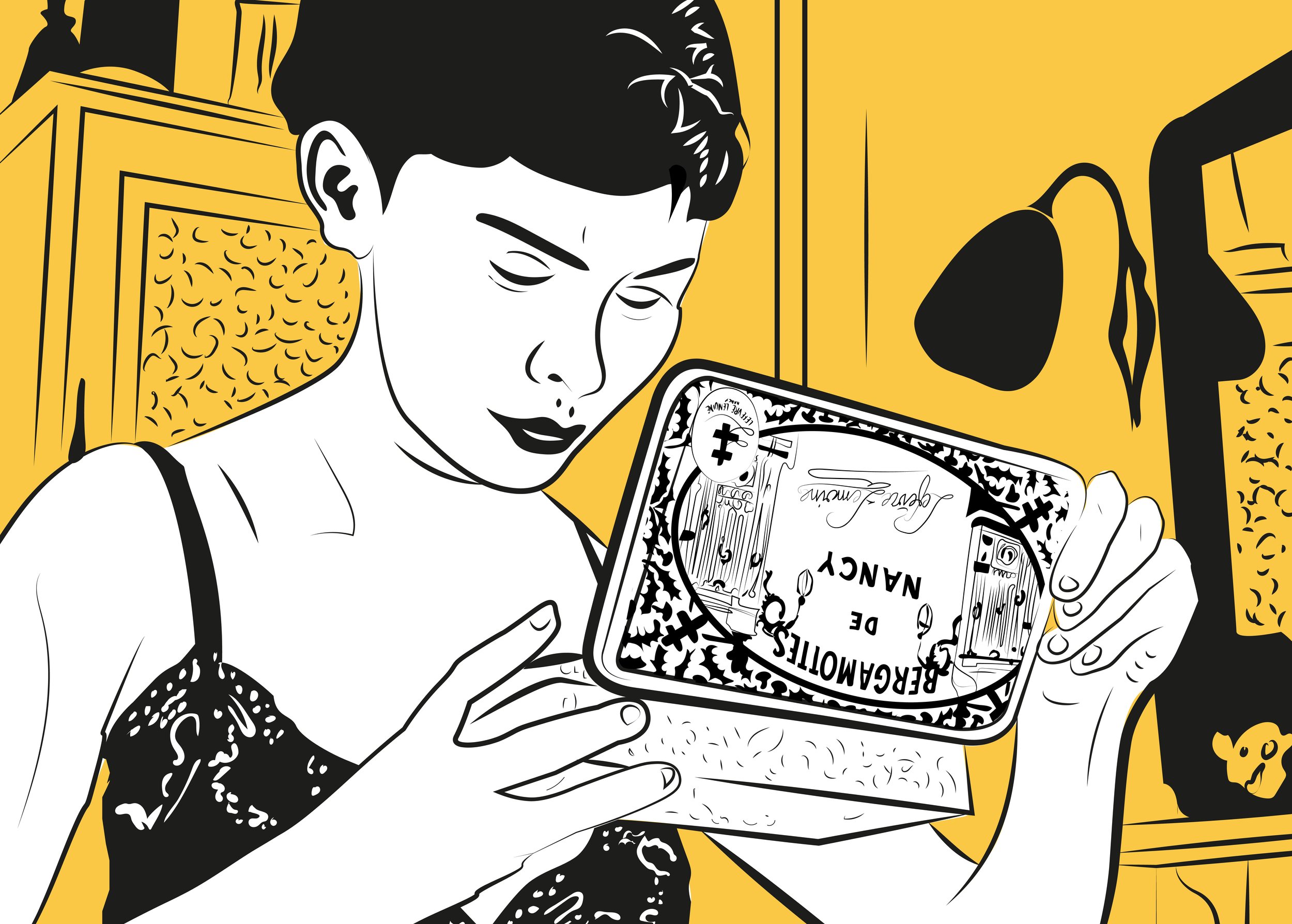 Illustration d’une jeune femme en débardeur noir, concentrée sur une boîte de bergamotes de Nancy qu’elle tient entre ses mains.