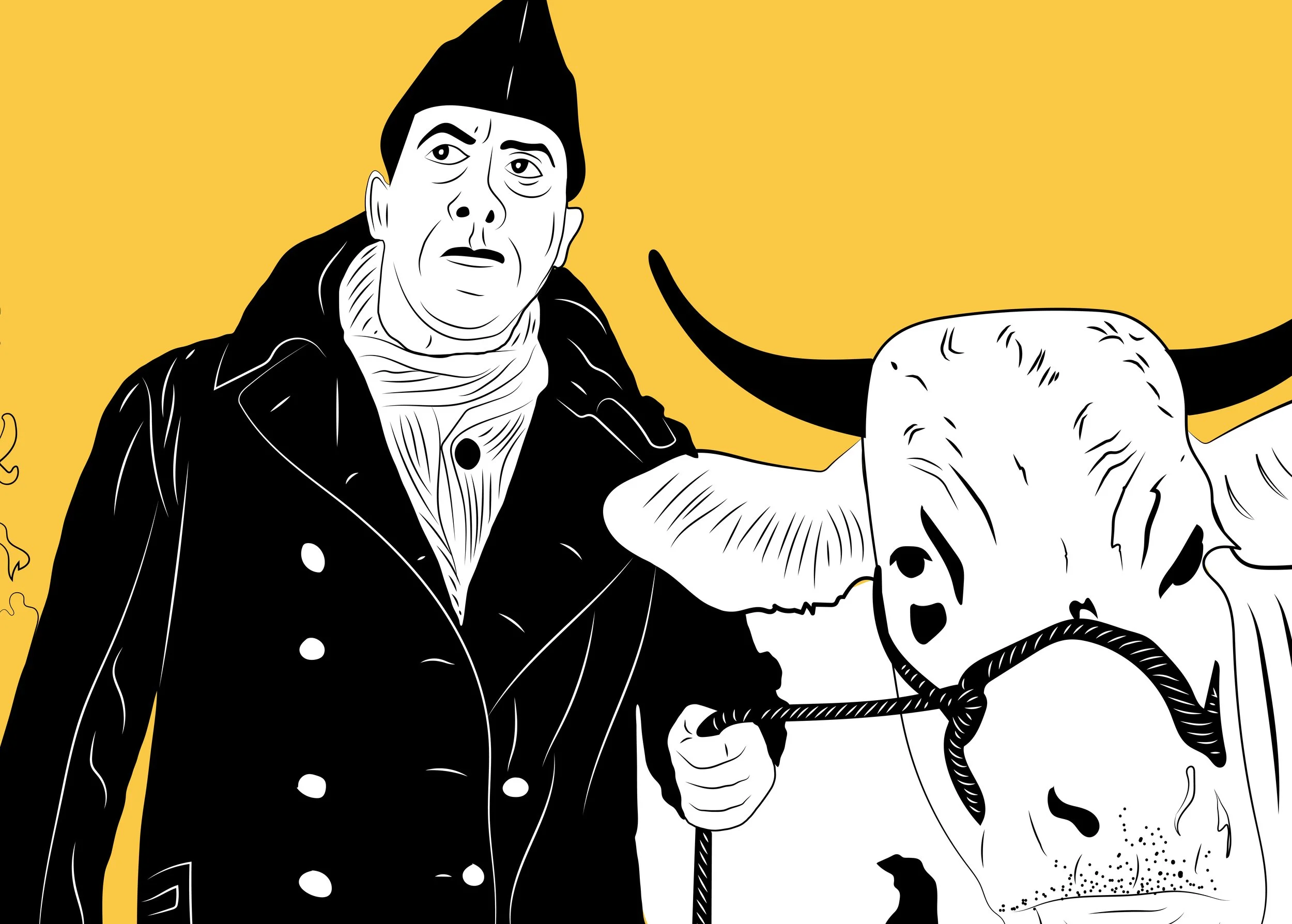 Illustration d’un homme en manteau et bonnet tenant une corde attachée à une vache, scène rurale évoquant la vie agricole traditionnelle