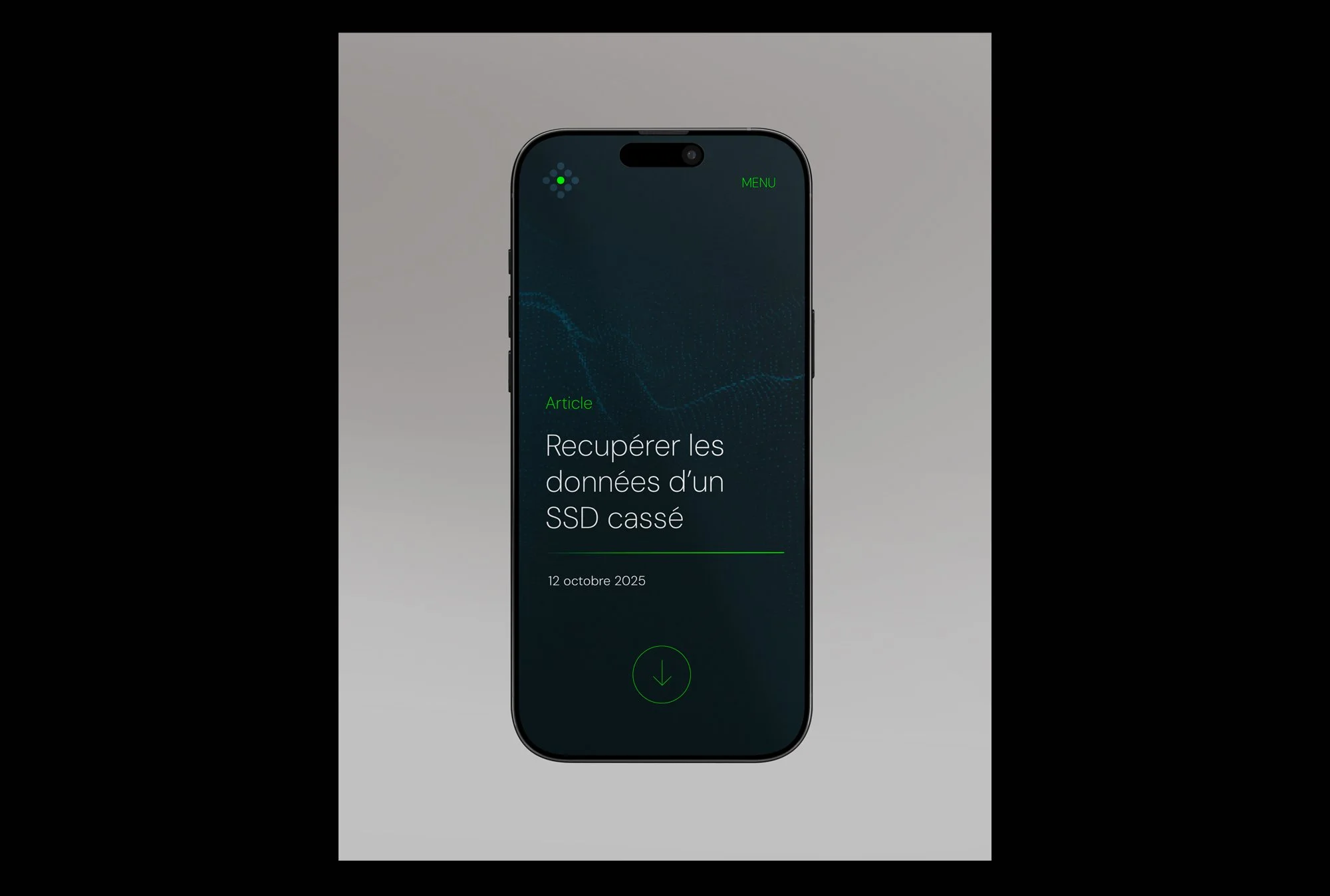 Interface mobile LexaTec présentant un article sur la récupération de données d’un SSD cassé.