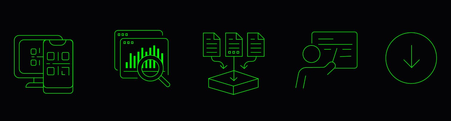 Série de pictogrammes techniques illustrant les services LexaTec : analyse de données, investigation numérique, gestion de fichiers et formation.