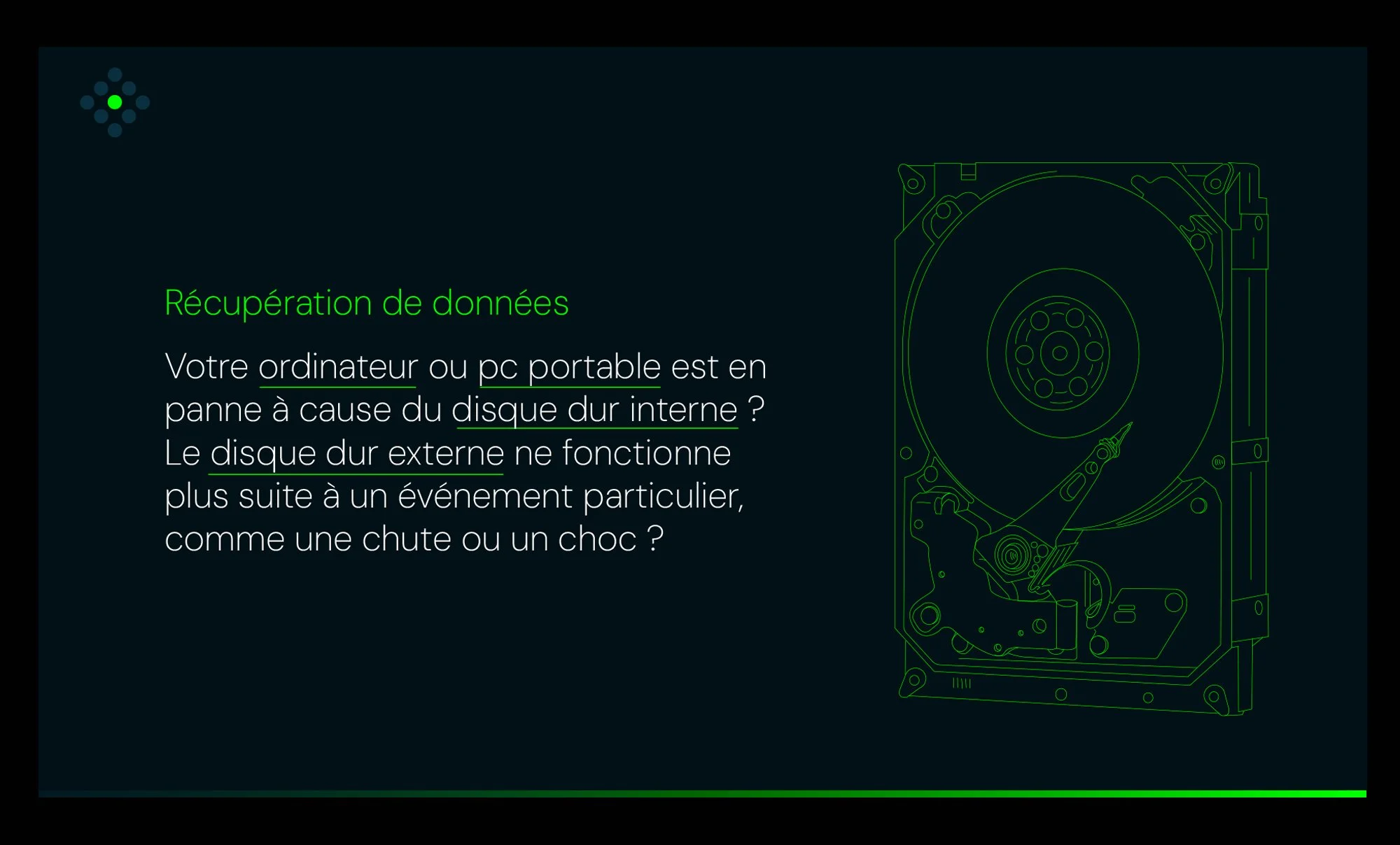Visuel de présentation du service de récupération de données LexaTec avec illustration technique d’un disque dur.
