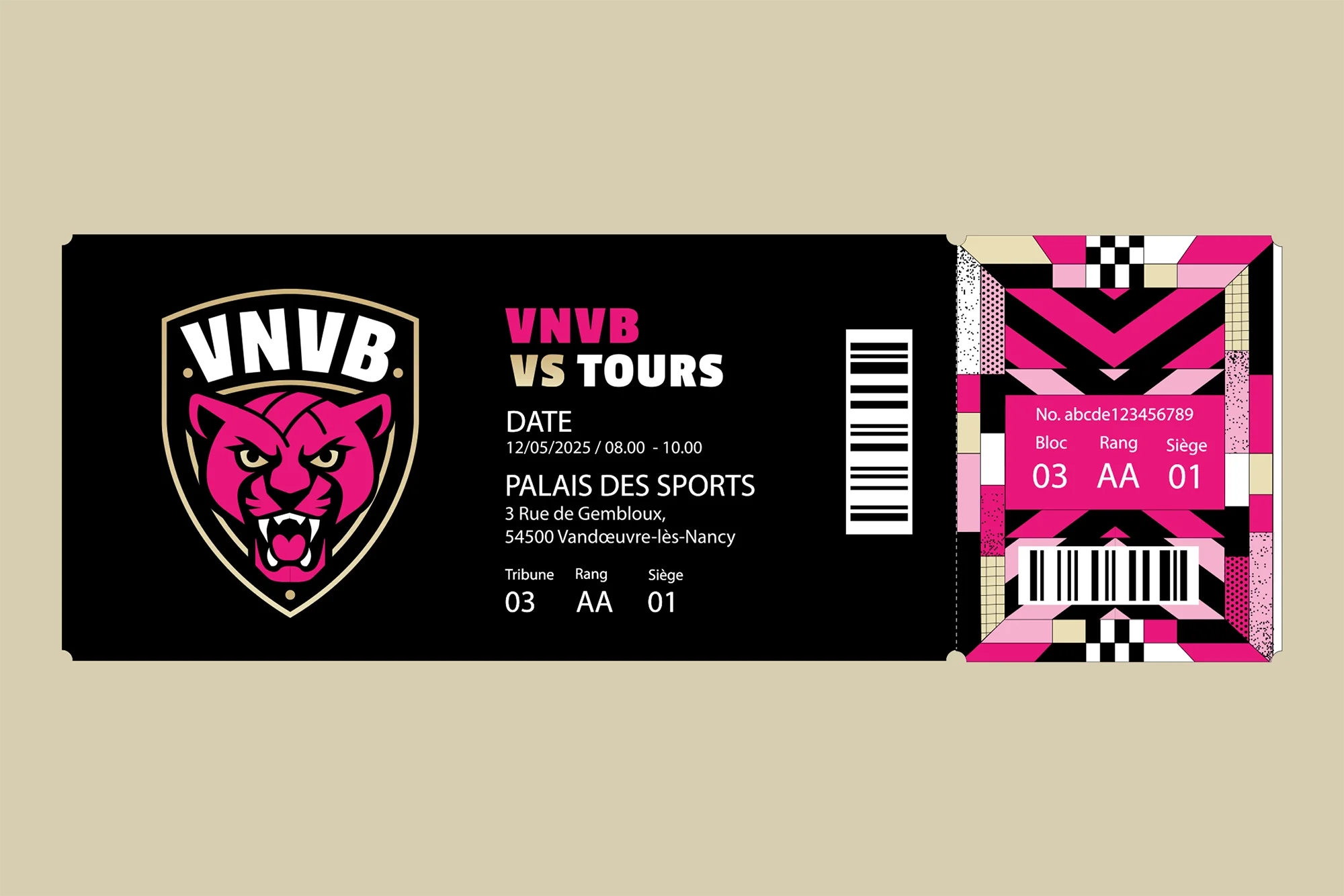Billet de match VNVB vs Tours au Palais des Sports de Nancy, décliné avec l’identité visuelle rose et noire du club