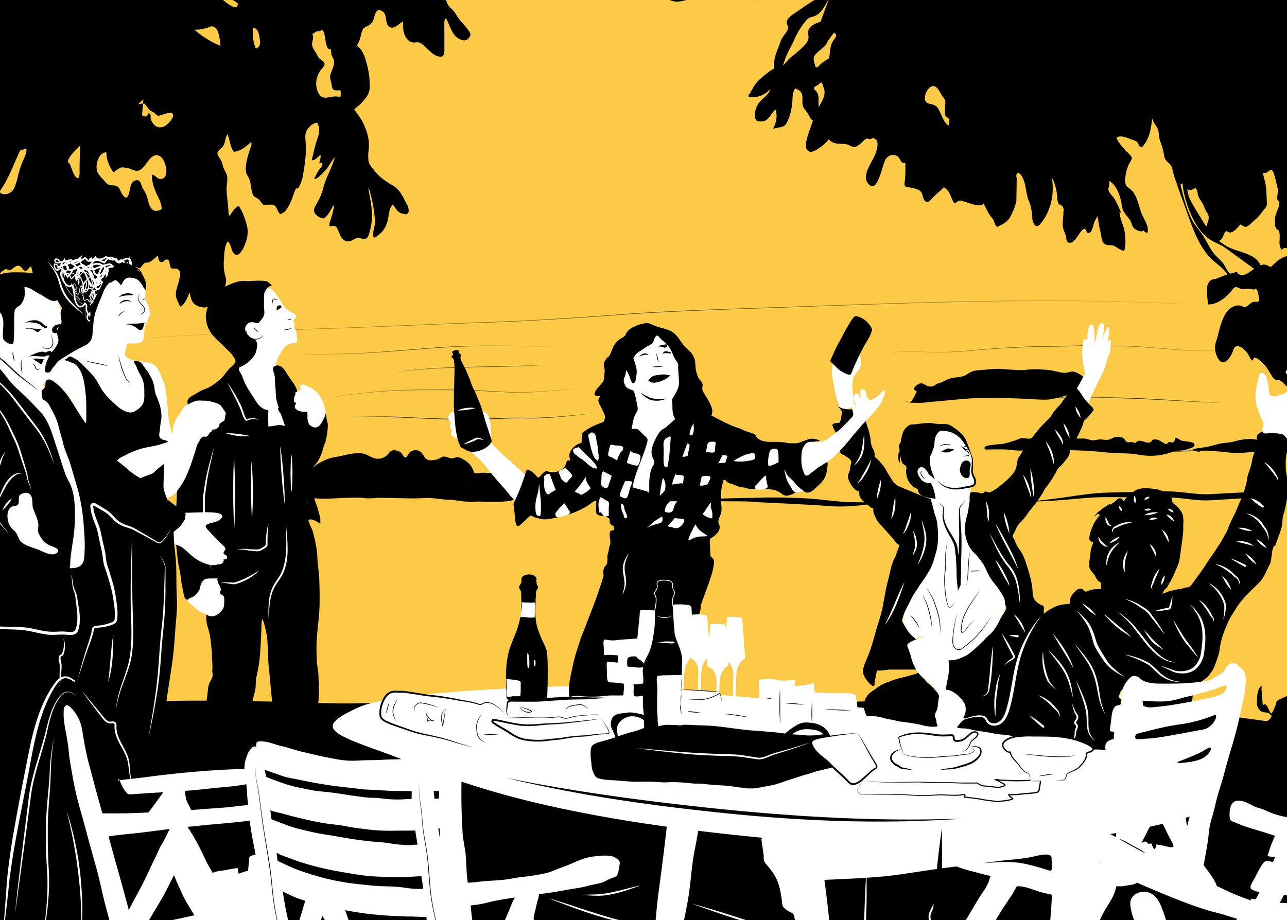 Illustration d’un groupe de personnes célébrant joyeusement autour d’une table en plein air, dans un décor de coucher de soleil, ambiance conviviale et festive avec des bouteilles levées.