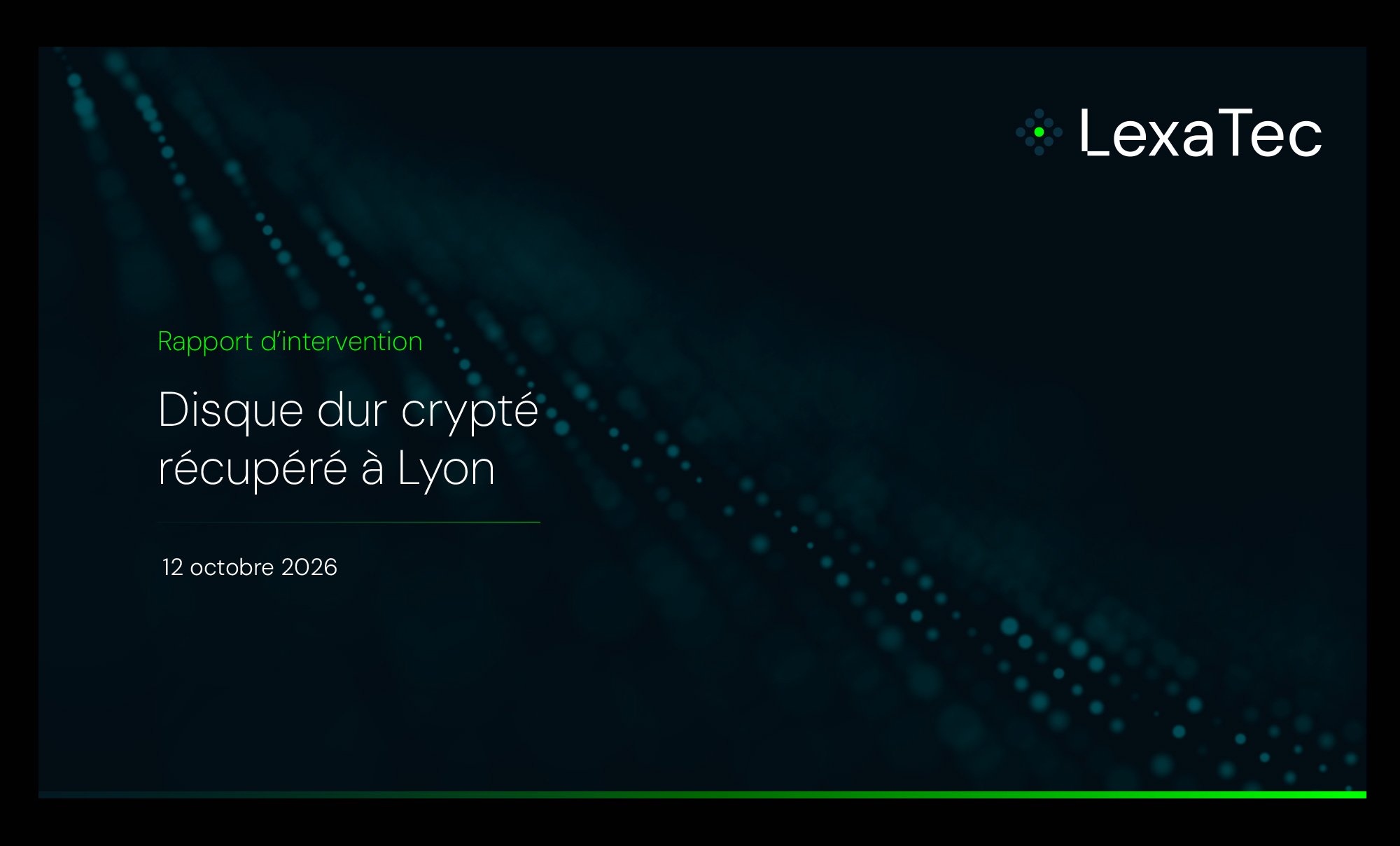 Page de rapport d’intervention LexaTec pour la récupération d’un disque dur crypté