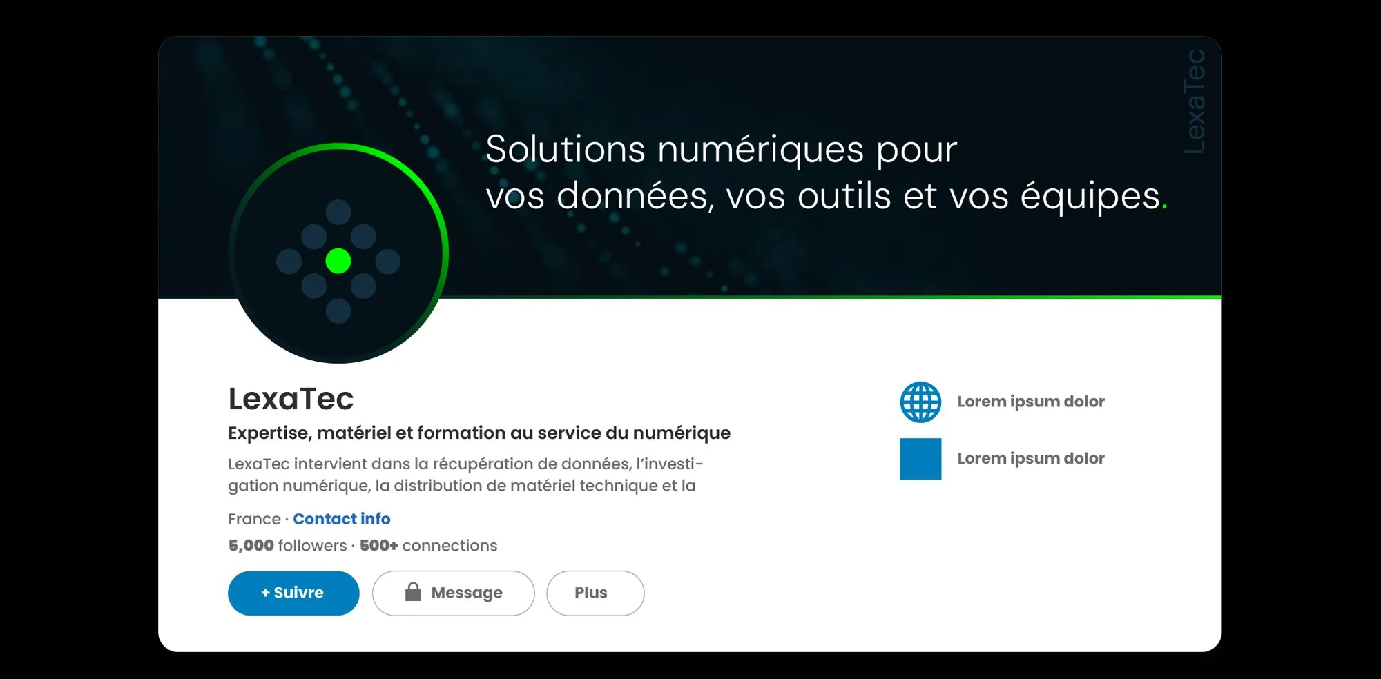 Bannière LinkedIn LexaTec mettant en avant son expertise en solutions numériques et récupération de données