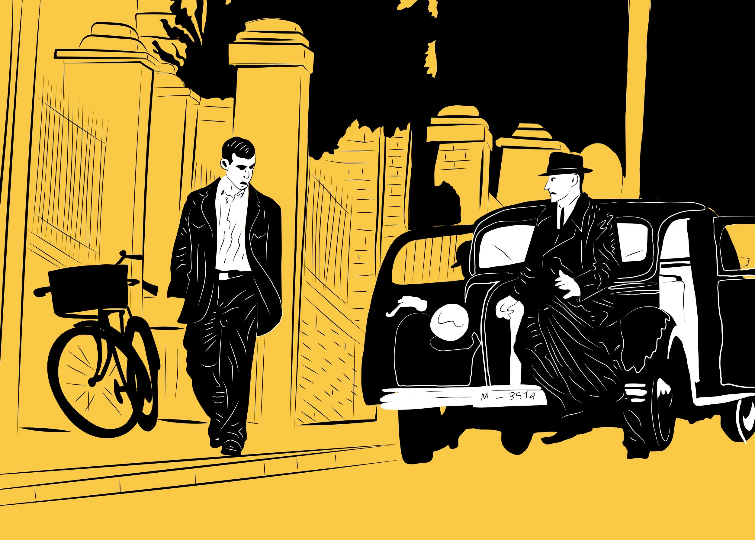 Illustration en noir et jaune d’un homme marchant dans une rue, observé discrètement par un autre appuyé sur une voiture, ambiance de filature ou d’espionnage.