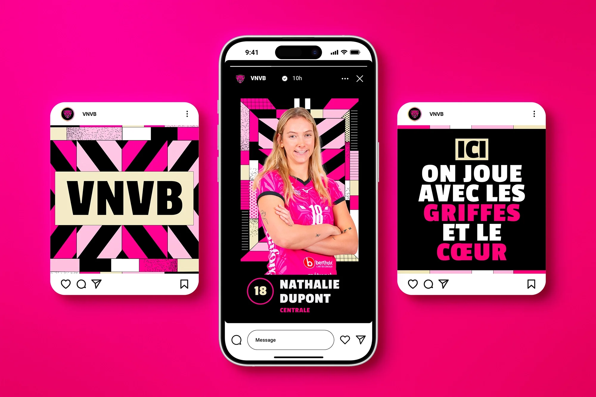 Mockup Instagram VNVB présentant les visuels de l’identité du club de volley féminin