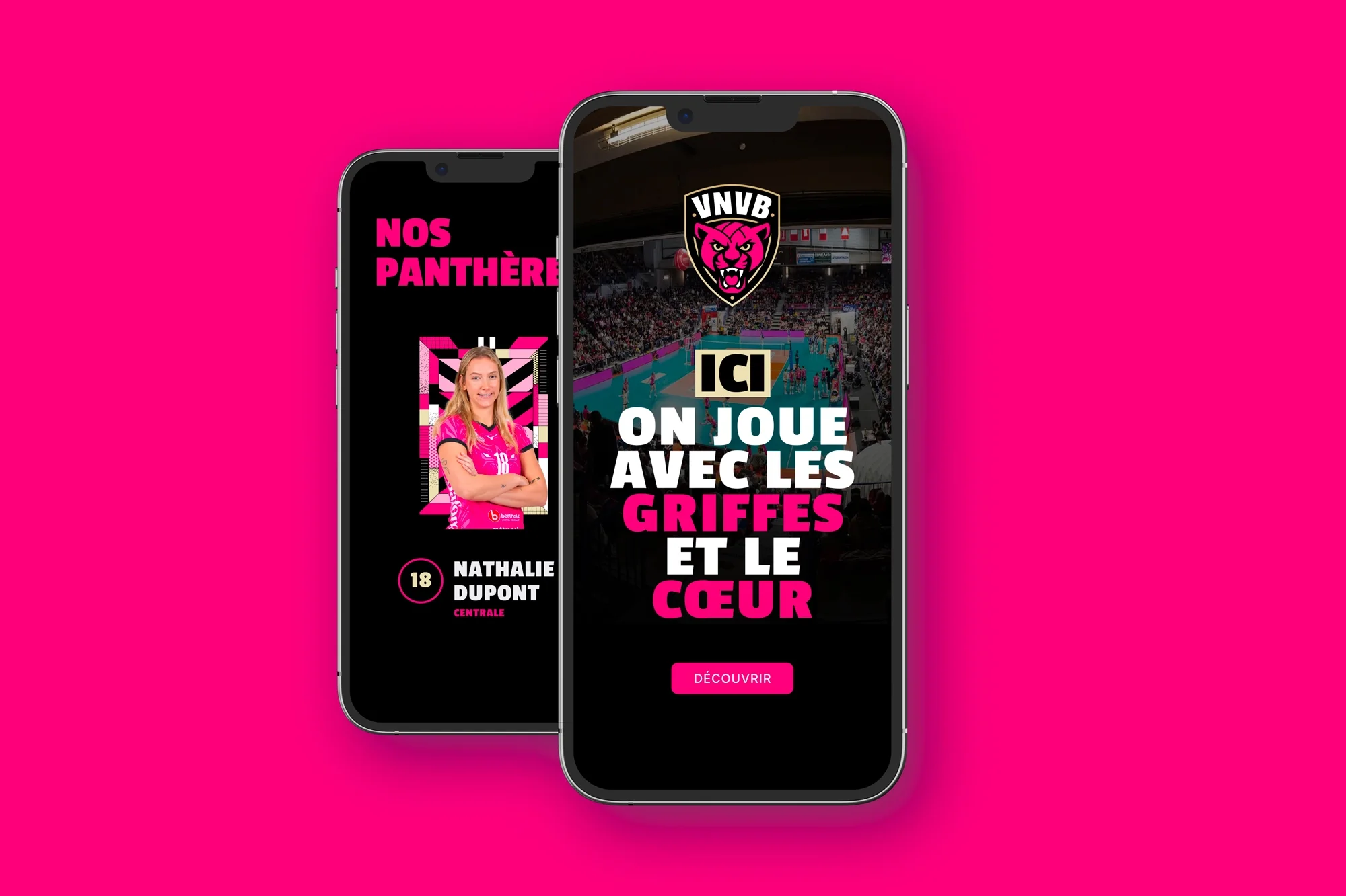 Mockup d’application mobile présentant la campagne digitale du club de volley féminin VNVB