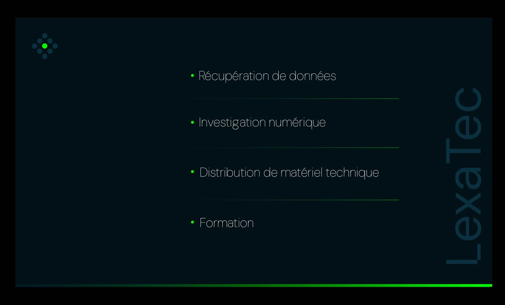 Présentation des domaines d’expertise LexaTec : récupération de données, investigation numérique, distribution de matériel technique et formation.