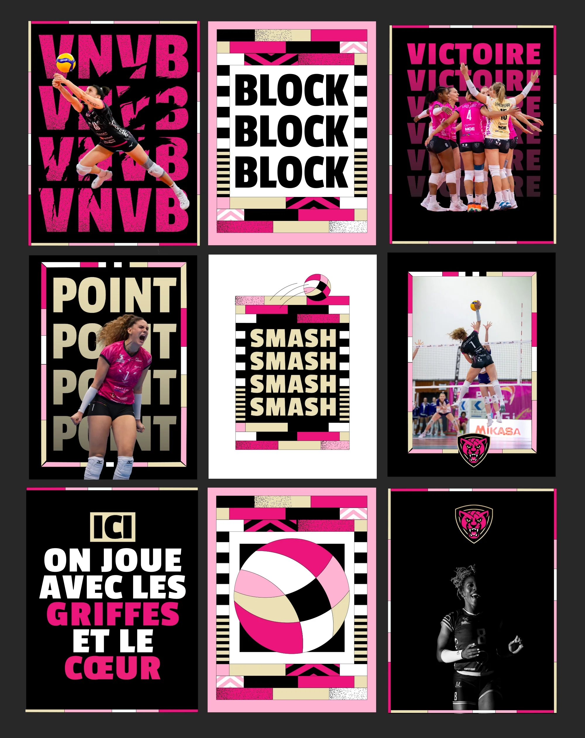 Affiche de match VNVB pour club de volley féminin avec composition graphique rose et noire