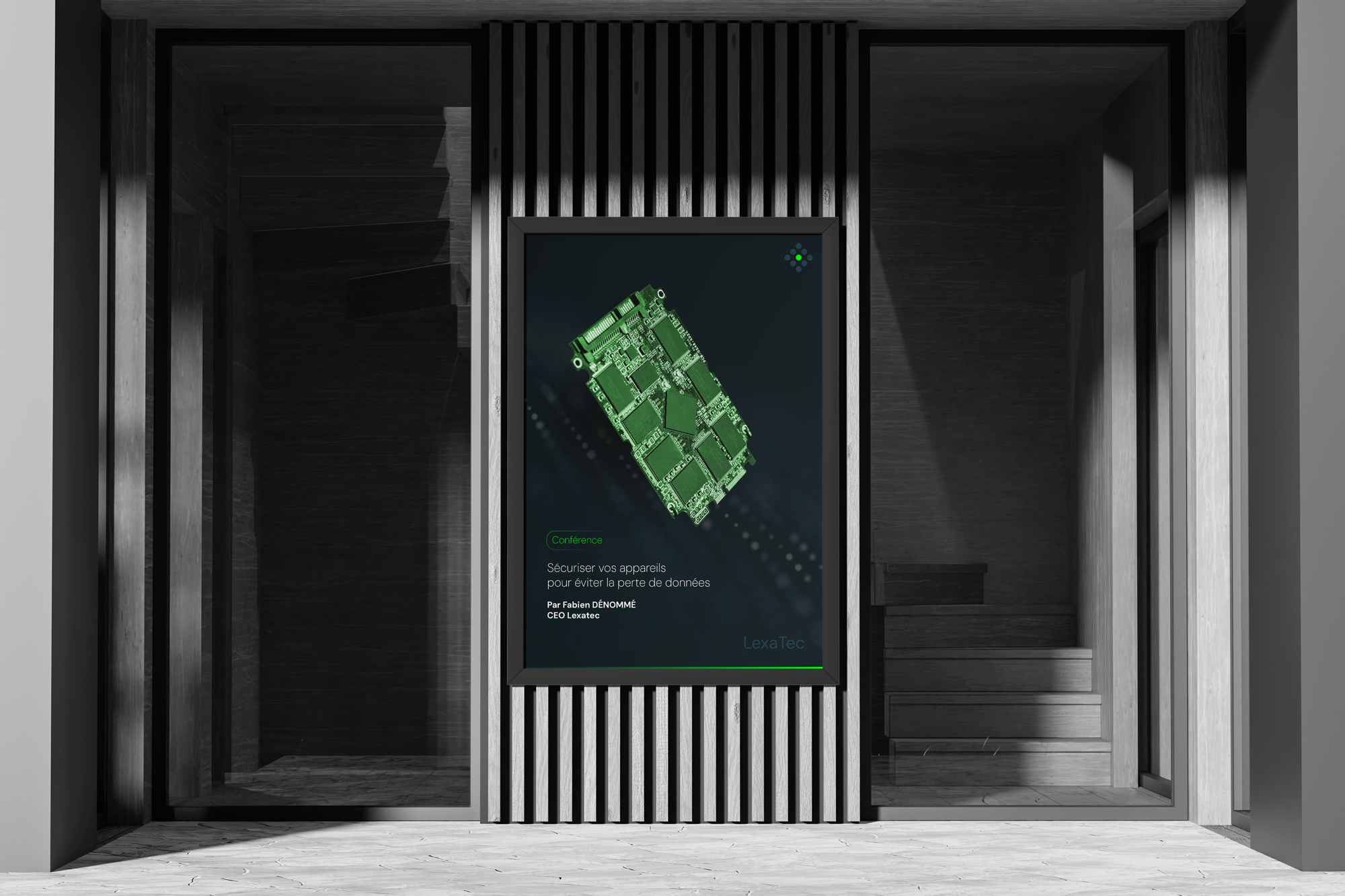 Affiche de conférence LexaTec présentée en situation sur un panneau urbain.