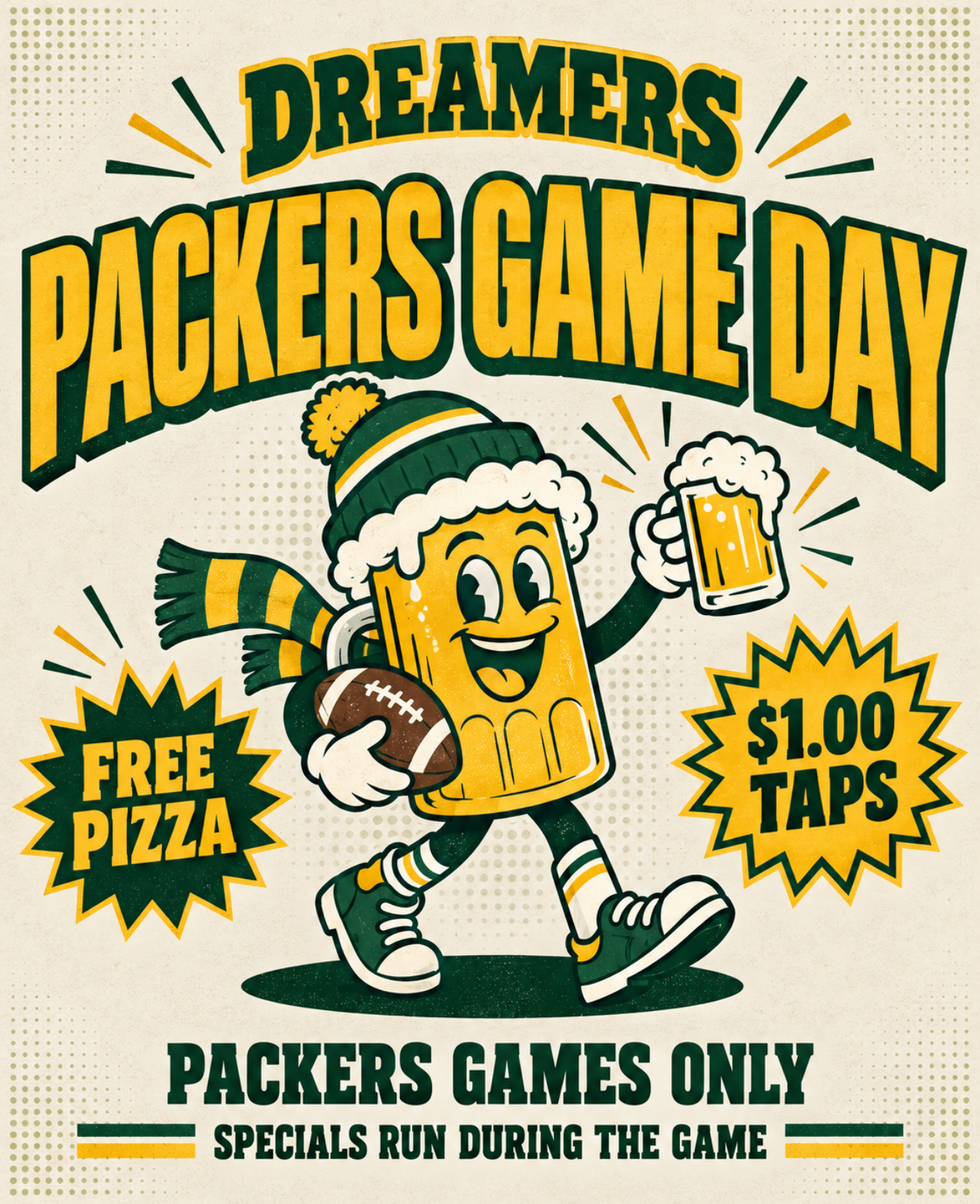 Packer Game Day Drink Specials at Dreamers Classic Bar
