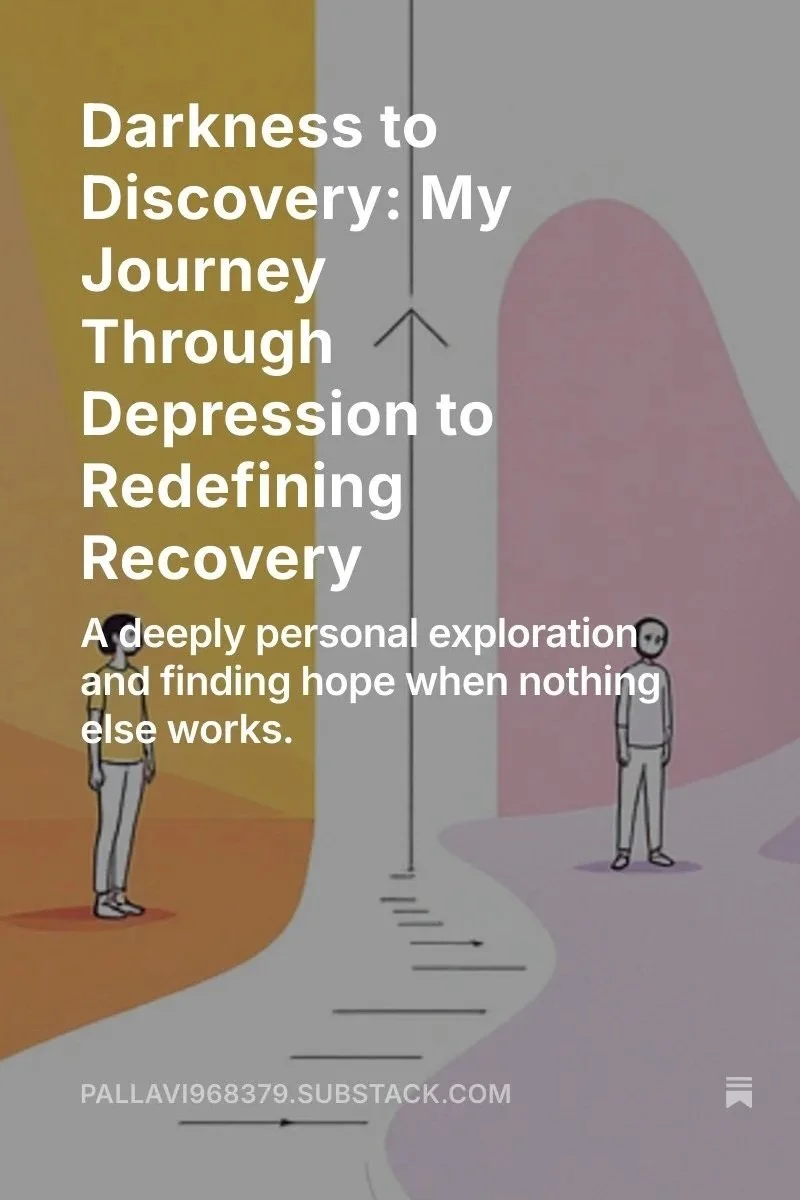 A graphic depicting a personal journey from darkness and depression to discovery and recovery, featuring two illustrated people on opposite sides of a pathway with a heart shape in the background.