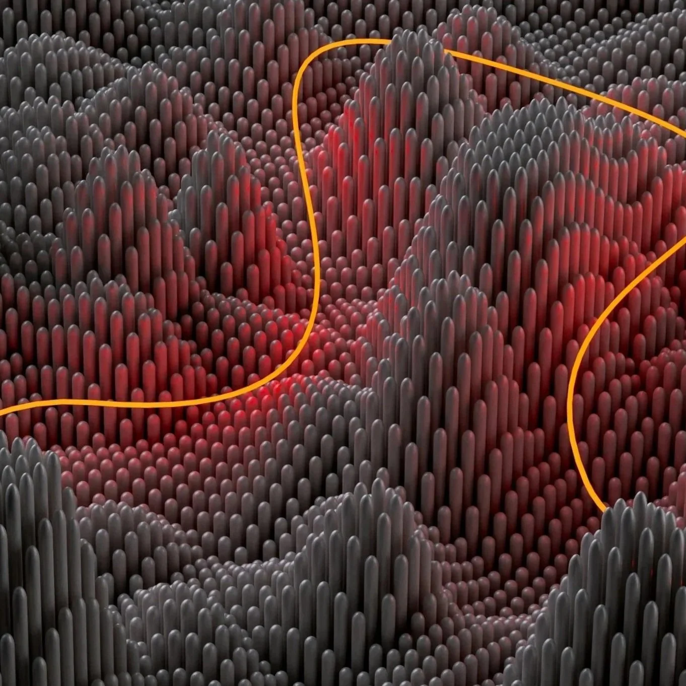 A 3D digital landscape of tall, pointed, cylindrical structures in shades of black, gray, and red, with orange lines outlining certain areas.