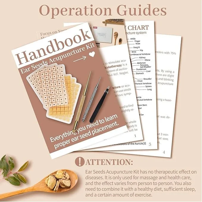 Operation guides about acupuncture, featuring a handbook on ear seed placement, a chart, and additional pages, with ear seeds shown in a wooden spoon at the bottom left.