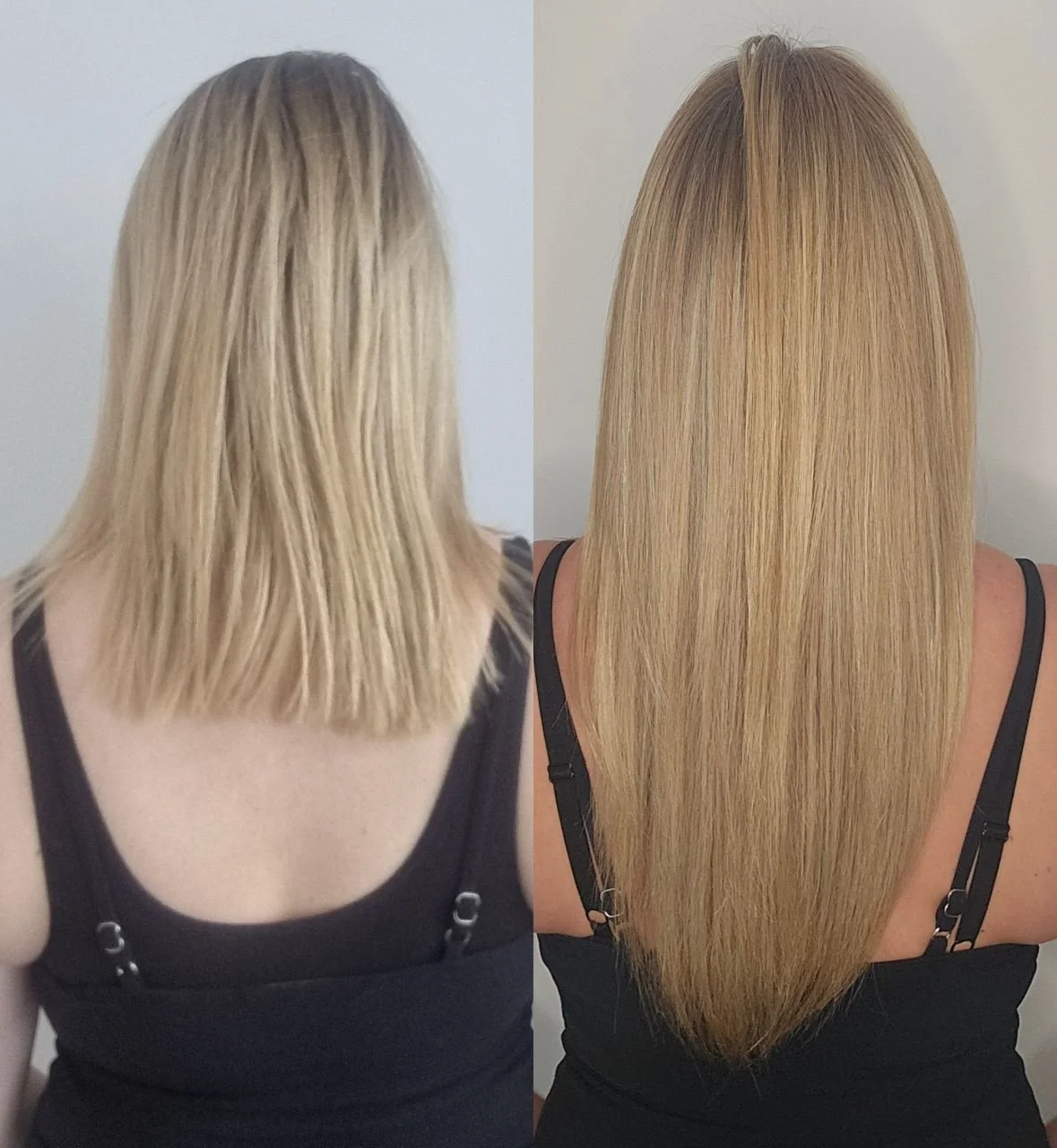 Side-by-side comparison of a woman's hair before and after a hair treatment, showing improved smoothness and shine.
