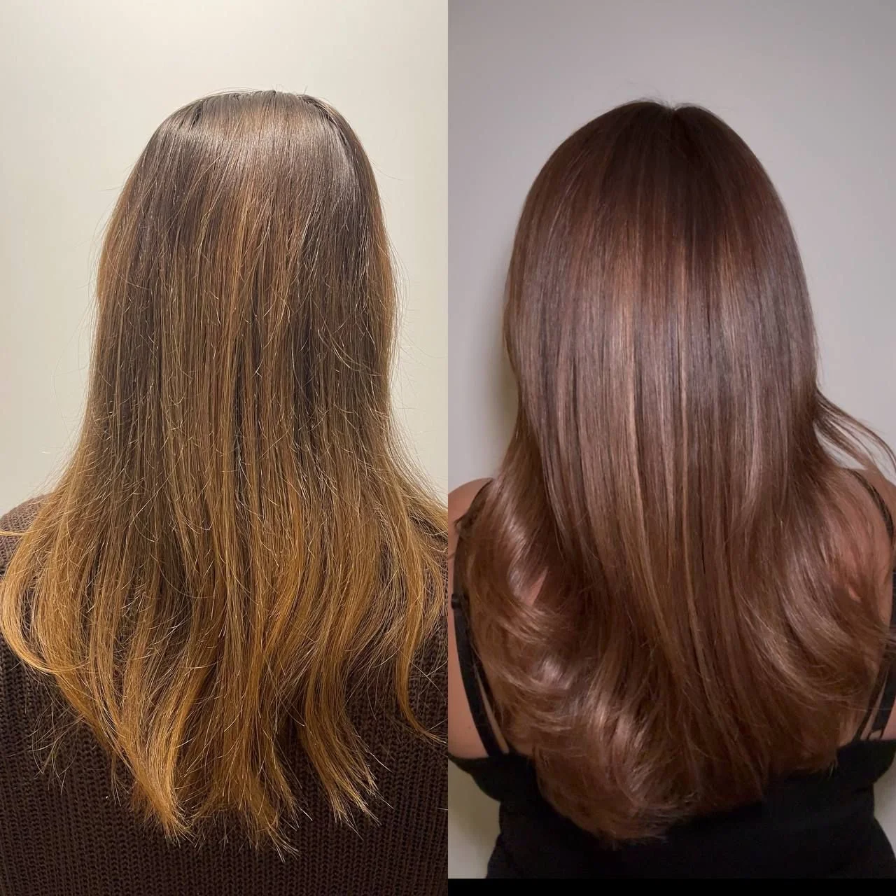 Side-by-side photos of a woman's hair before and after a professional coloring and styling. The before shows light brown, slightly wavy hair, and the after reveals shiny, smooth, and richer brown hair with styled curls.