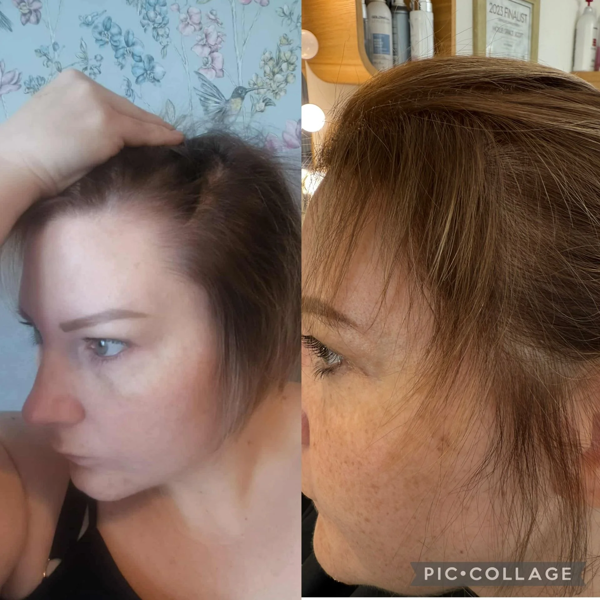 Side-by-side comparison of a woman's hair before and after a hair treatment. The left side shows her with short, dark brown hair and natural skin, while the right side shows her with styled, reddish-brown hair and freckles.