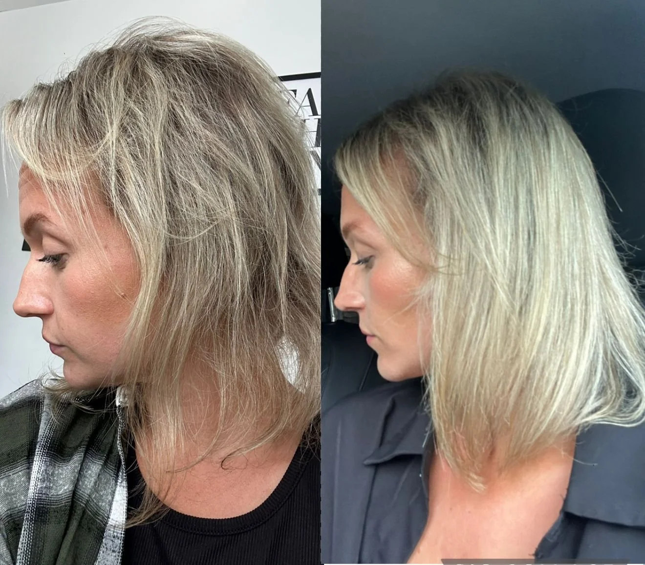 Side-by-side comparison of a woman's hairstyle before and after hair treatment, showing difference in hair texture and color.