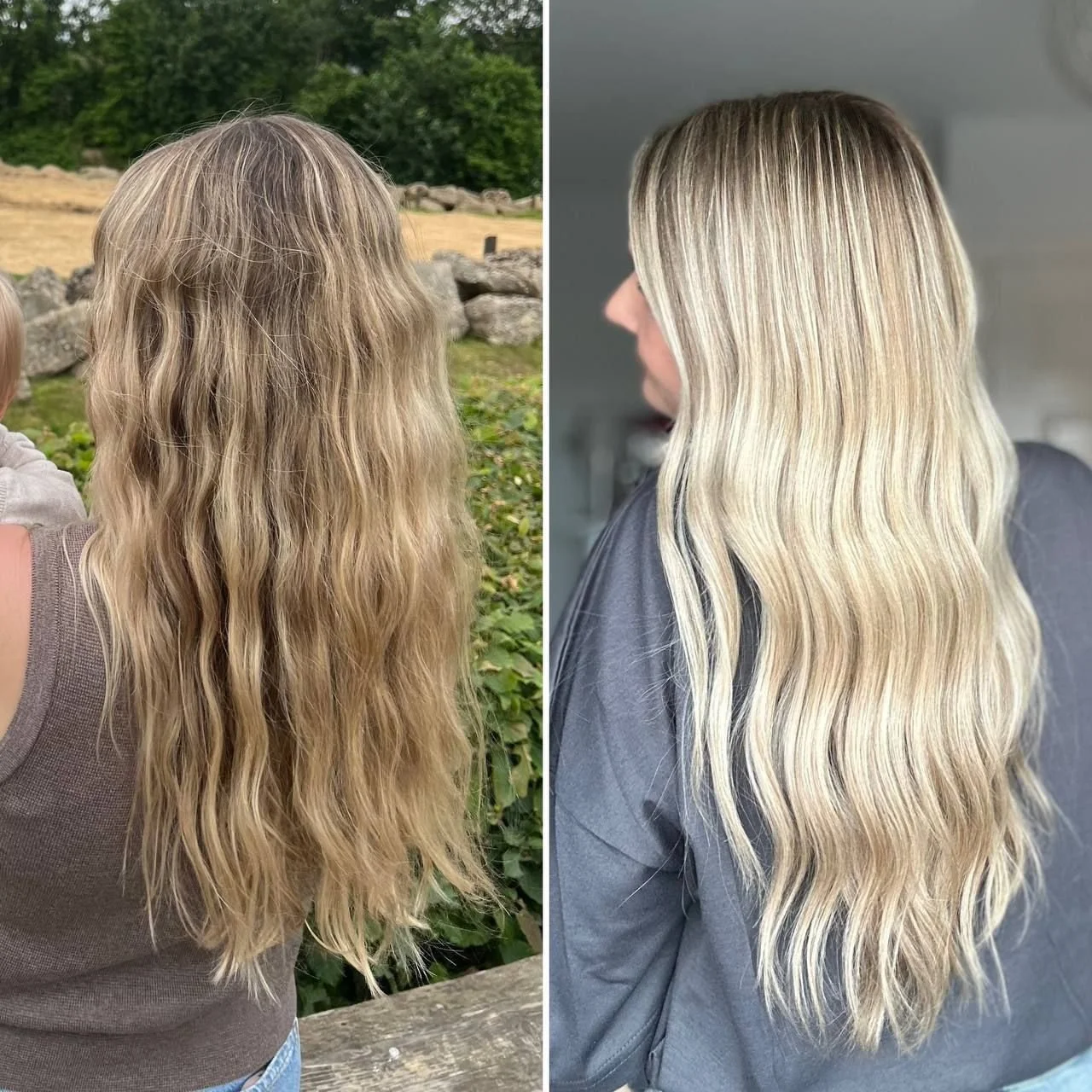 Side-by-side comparison of a woman's hair before and after styling. The left shows long, wavy, light brown hair outdoors, and the right shows the same hair styled with blonde highlights indoors.