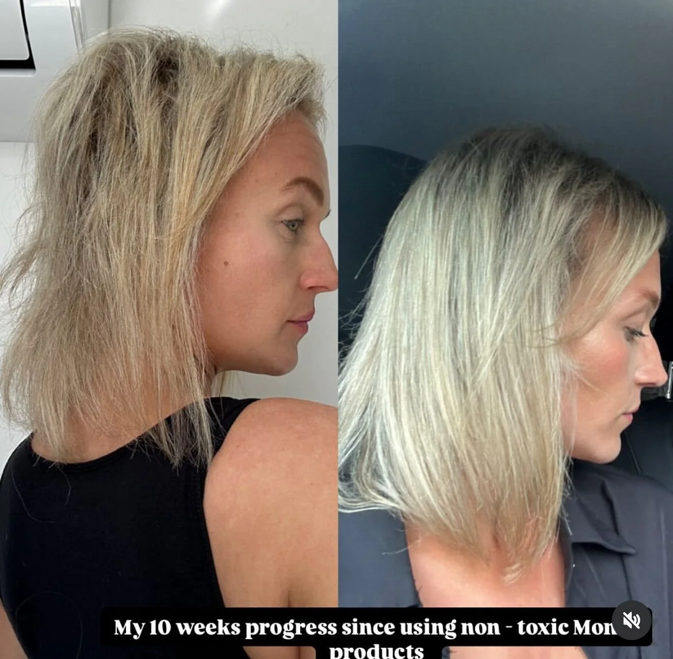 Side-by-side comparison photo showing a woman before and after 10 weeks of using non-toxic hair products. The woman has blonde hair, which appears healthier and shinier in the after photo.