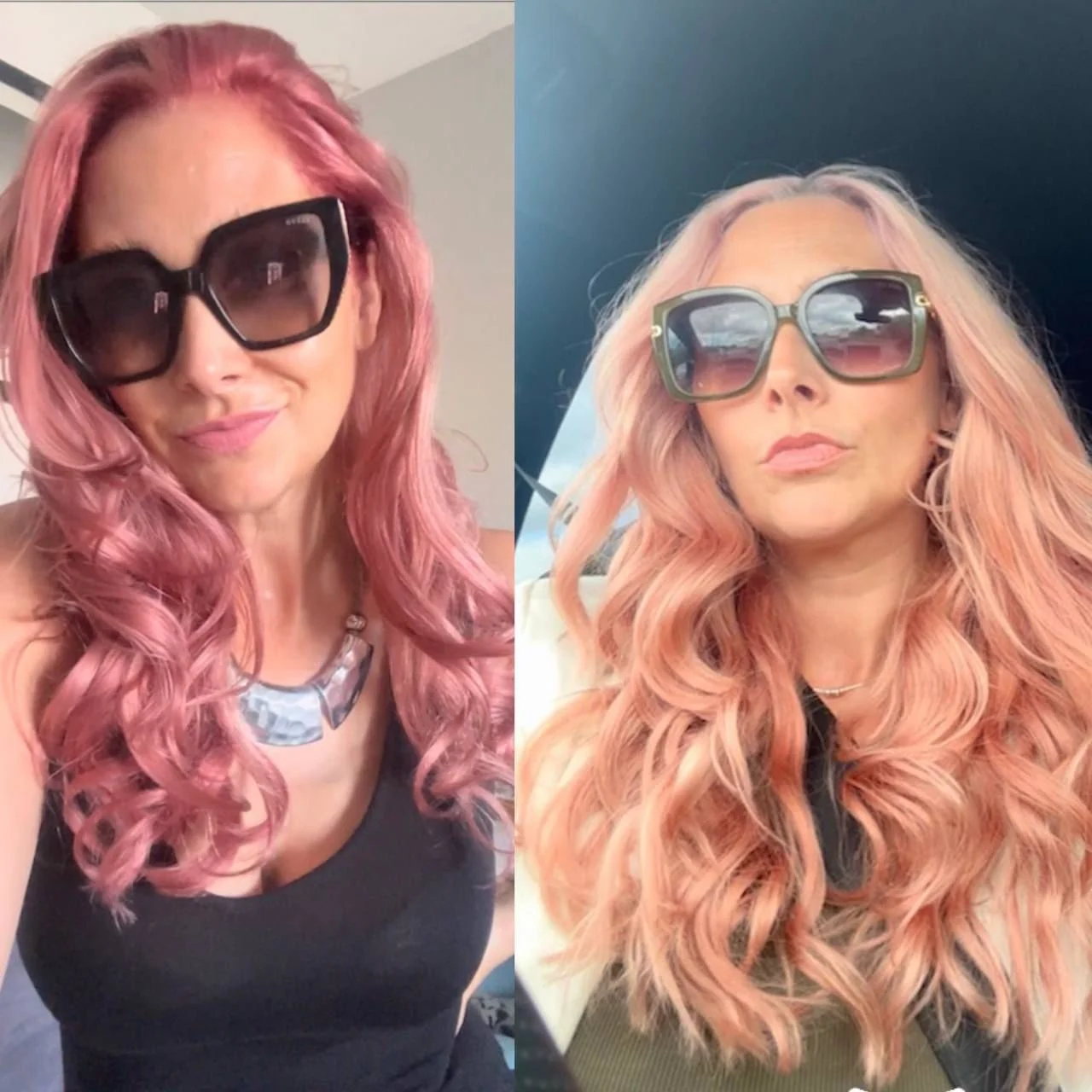 Side-by-side photos of a woman with pink, curly hair, wearing large sunglasses and a black top, in different settings.