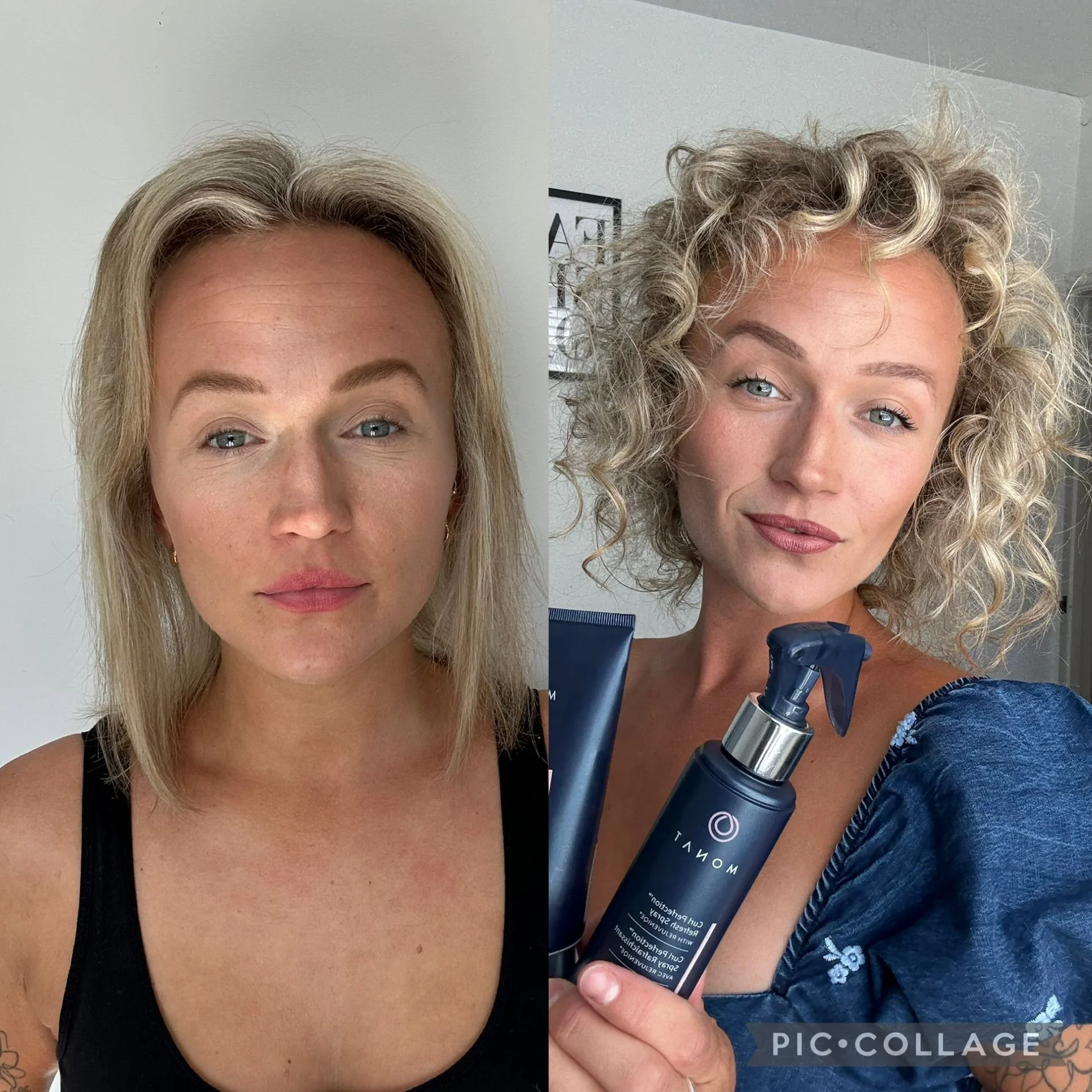 Before and after images of a woman showing a transformation in her hairstyle and appearance. The left image shows a woman with straight, shoulder-length blonde hair, wearing a black tank top. The right image shows the same woman with curly, voluminou
