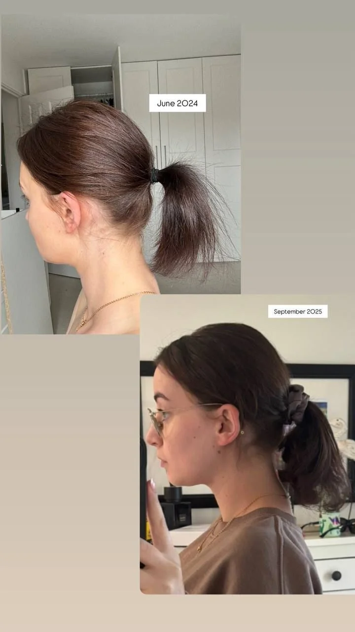 Comparison of a woman’s hair before and after hair treatment or styling, showing change from June 2024 to September 2025.